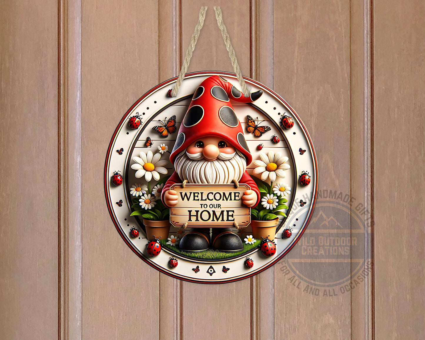 Welcome Gnome Door Hanger - Red Hat Gnome with Daisy & Ladybug Accents