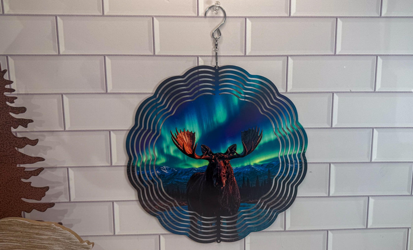 Northern Lights Moose | 10 Inch Wind Spinner - Wildlife Garden Decor | Indoor Outdoor Accent