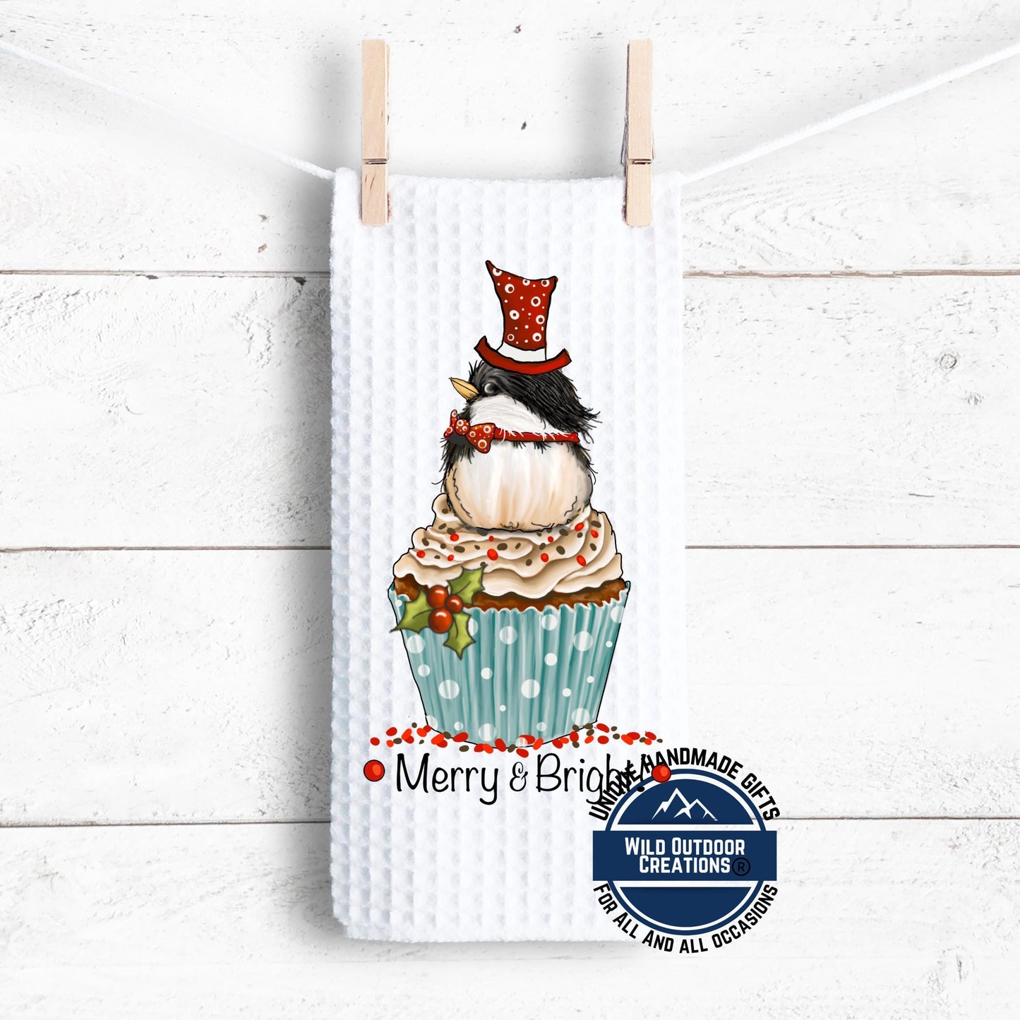 Chickadee Cupcake Christmas Kitchen Towel Merry Bright Bird Waffle Weave Holiday Decor Gift