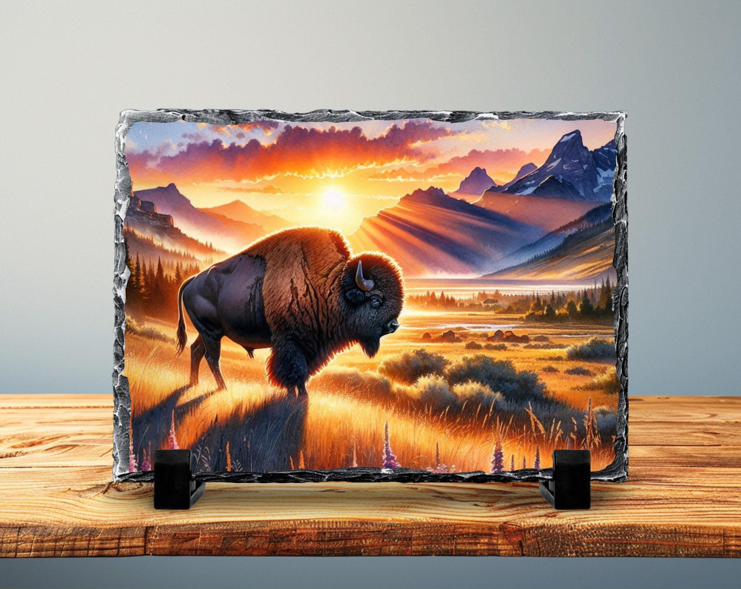Bison Sunset Slate Sign – Rustic Buffalo Mountain Art With Fade Resistant Printing