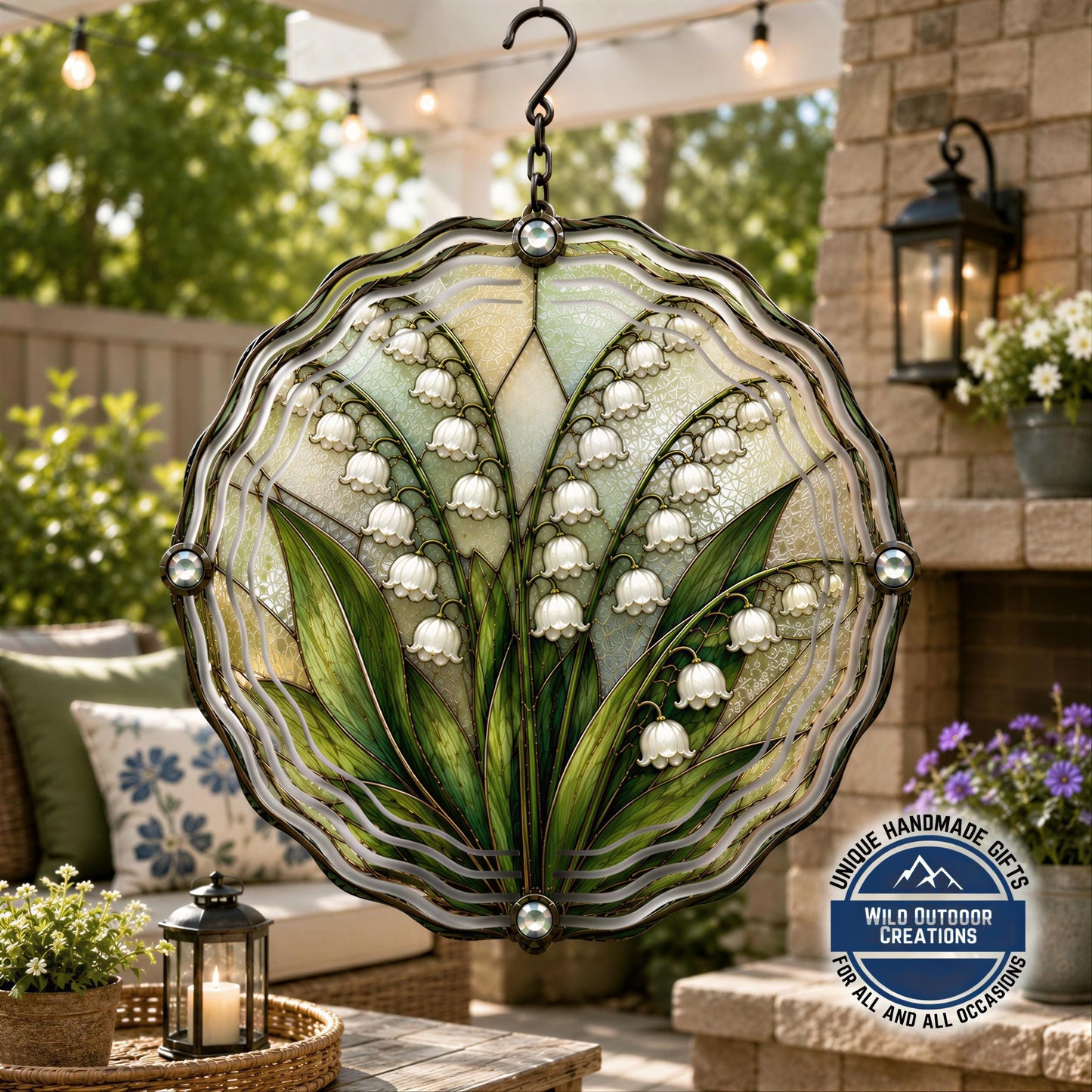 May Birth Flower Lily of the Valley Wind Spinner 10 Inch Faux Stained Glass Decor