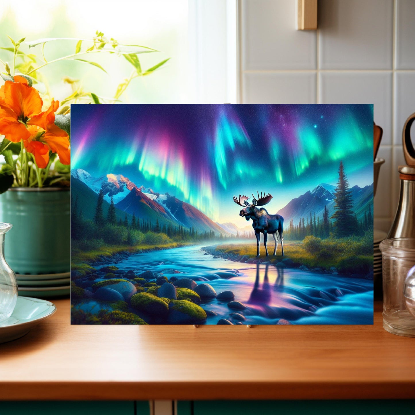 Northern Lights Moose River Glass Cutting Board, Outdoor Lover Gift, Hostess Housewarming Gift, Charcuterie Board, Moose Lover Gift