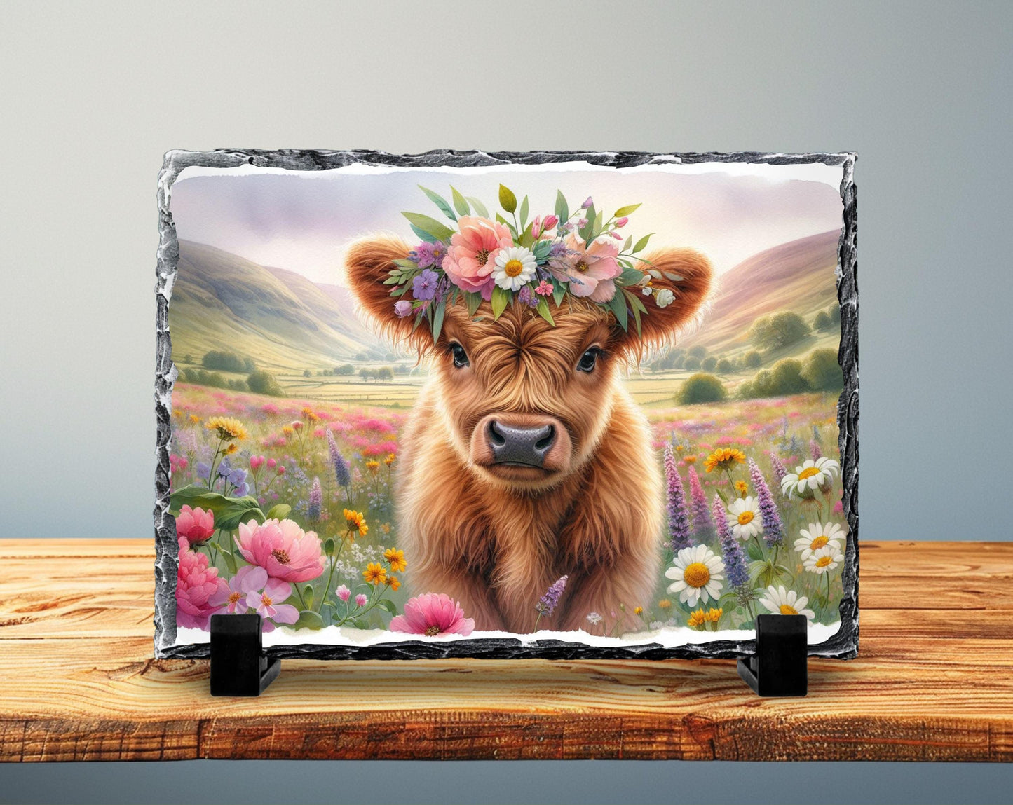 Baby Highland Cow Plaque – Natural Slate Floral Meadow Design, Handmade Slate Art - alternate view