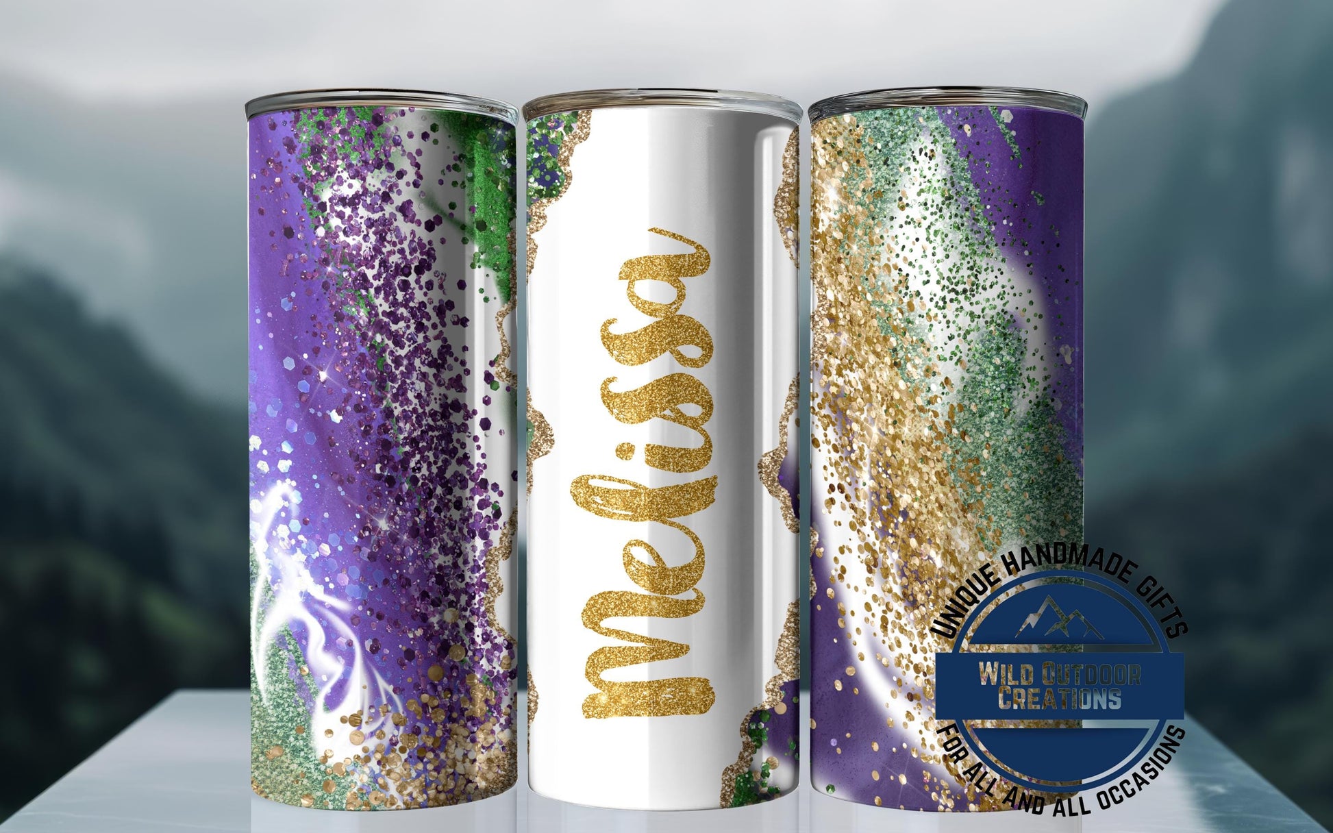Mardi Gras Tumbler - Custom Skinny Stainless Steel Faux Glitter Cup | 20oz & 30oz Insulated - showing lid and straw detail