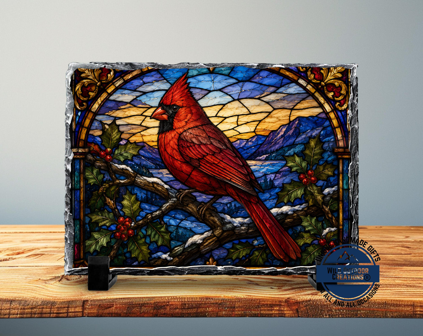 Red Cardinal Faux Stained Glass Slate Plaque, Memorial Bird Decor, Christmas Sympathy Gift