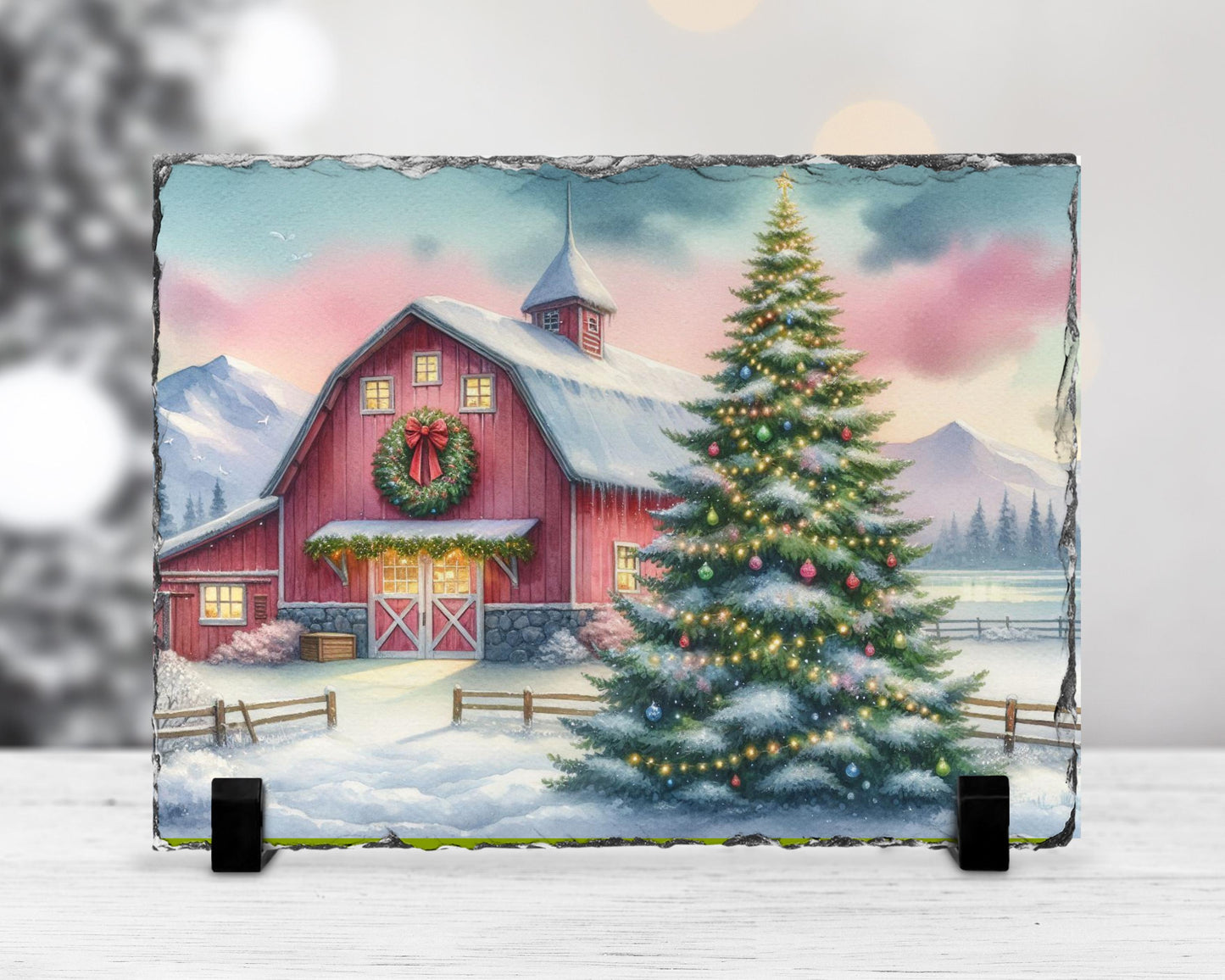 Watercolor Barn Slate - Snowy Mountain Christmas Decor