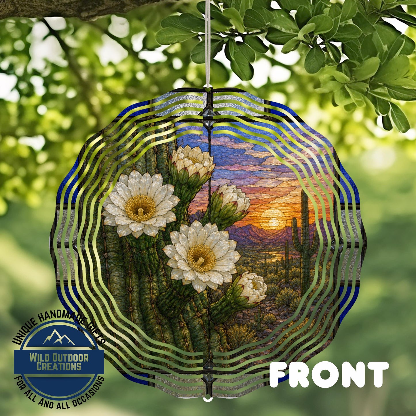 Saguaro Cactus Wind Spinner Arizona State Flower Stained Glass Garden Aluminum Decor