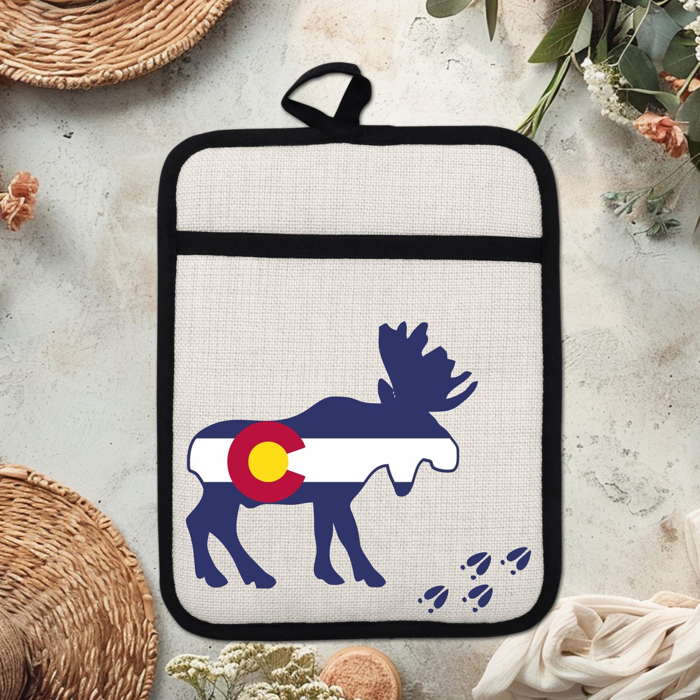 Colorado Moose Pot Holder - Heat Resistant Trivet with Silicone Back & Linen Fabric Front