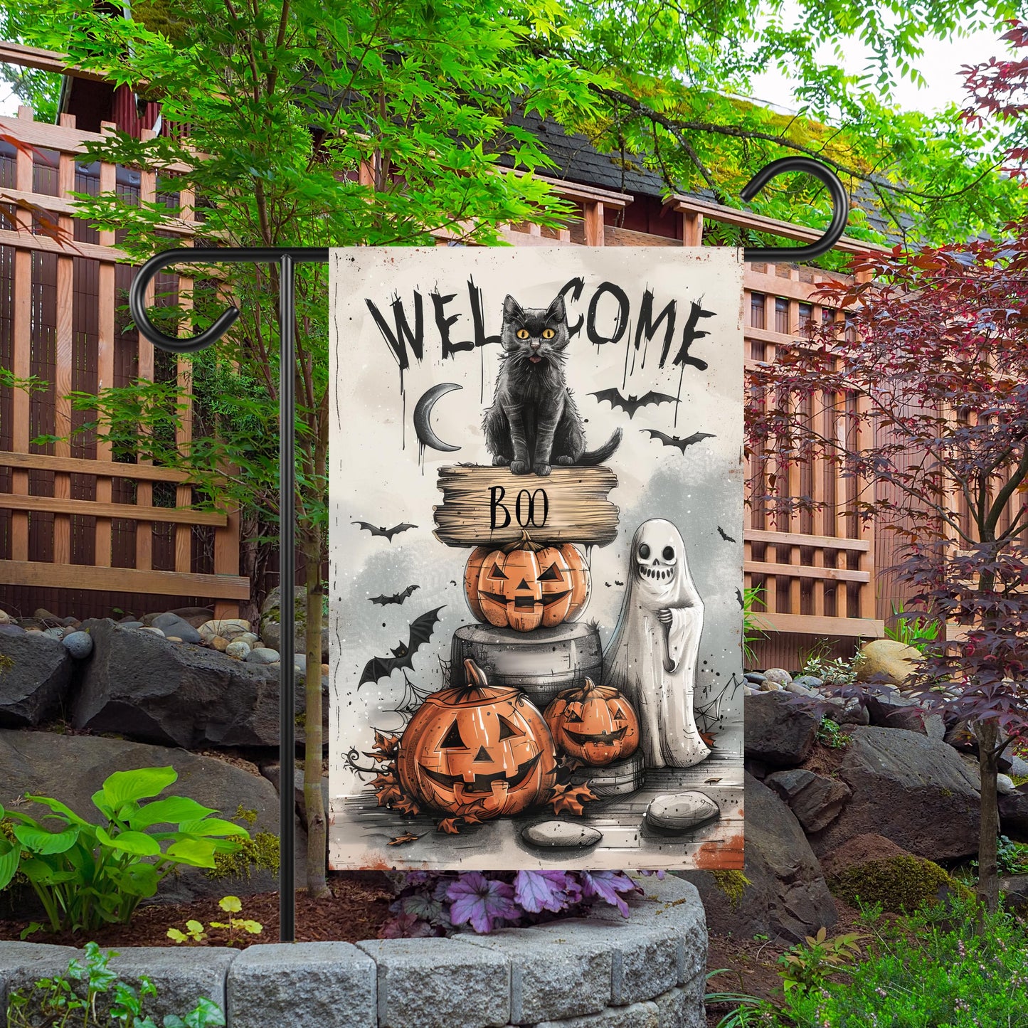 Spooky Halloween Garden Flag - Black Cat Ghosts  Bats Design  12x18 Inch Outdoor Decor