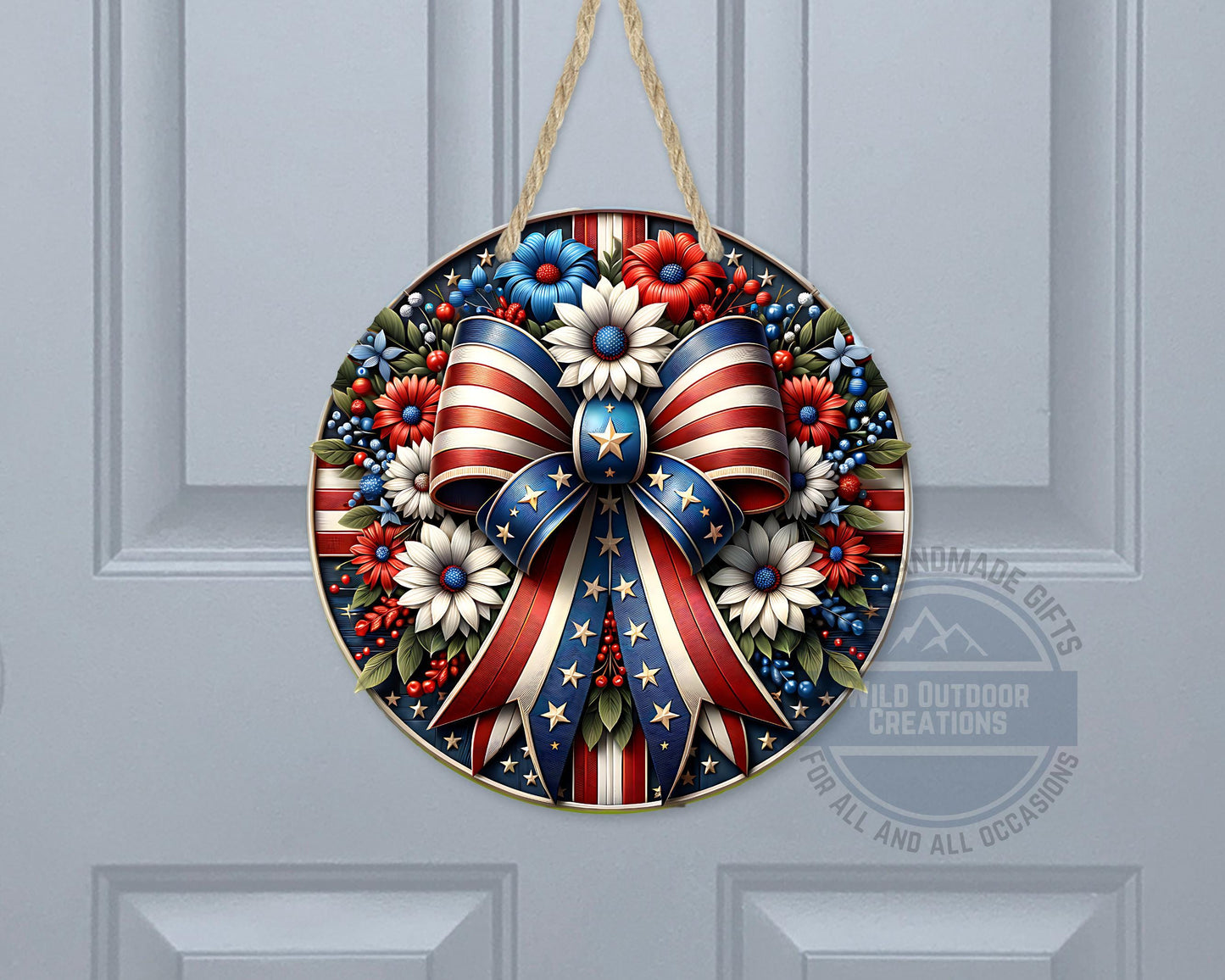 Patriotic Door Hanger – Aluminum Door Sign with American Flag Bow & Floral Design