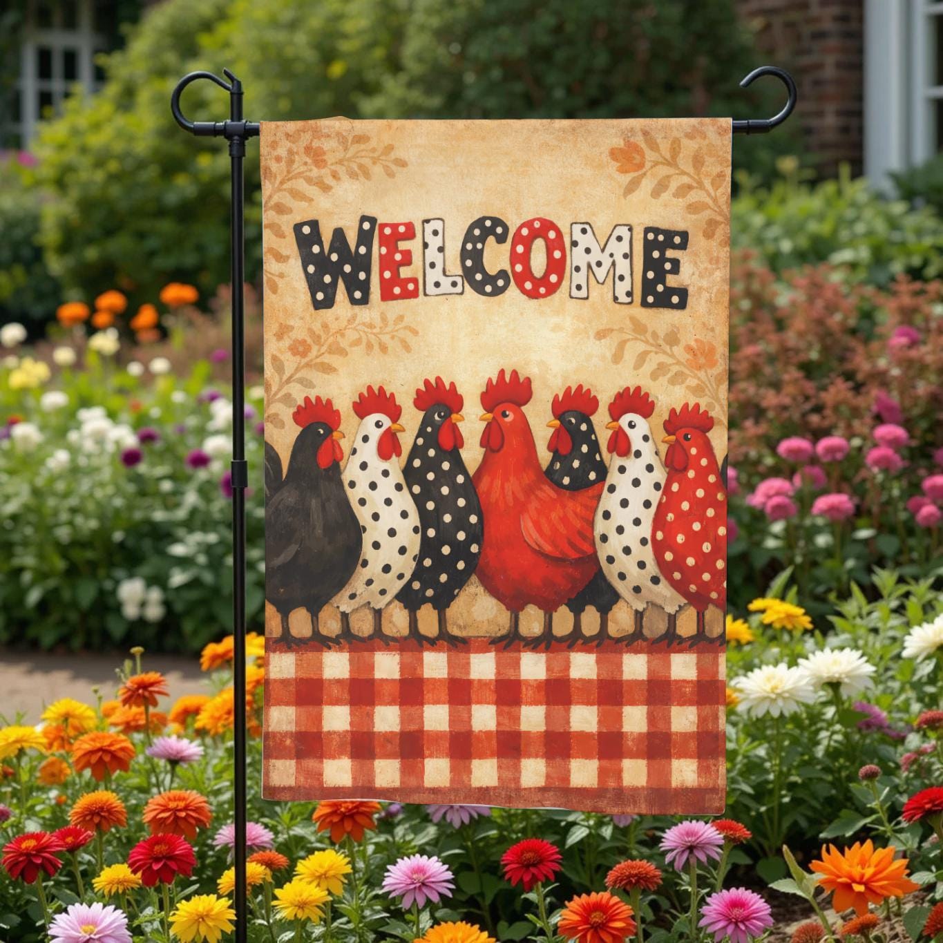 Welcome Chicken Garden Flag – Farmhouse Porch Decor With Rooster Yard Design - detail view