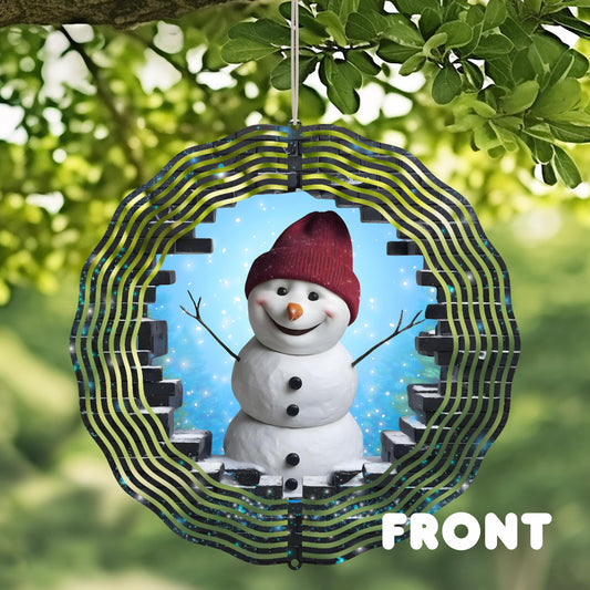 3D Snowman Wind Spinner - 10x10 Inch Aluminum Outdoor Art UV Coated 360 Rotation Perfect Christmas Gift