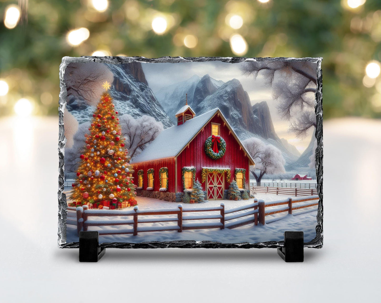 Rustic Slate Plaque with Christmas Barn Scene Tree  Wreath  Perfect Holiday Gift