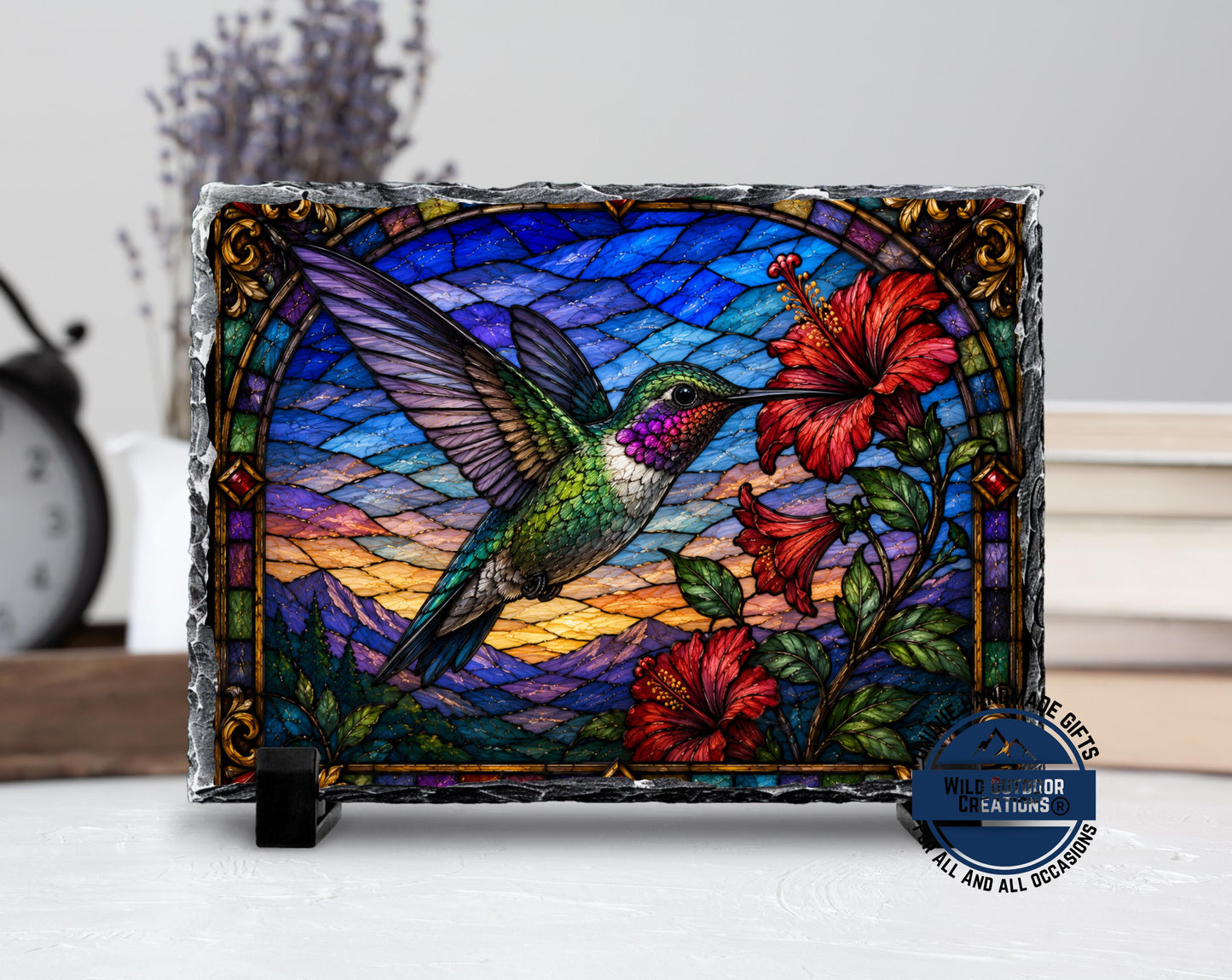 Hummingbird Faux Stained Glass Slate Plaque, Hibiscus Sunset Bird Decor, Garden Lover Gift