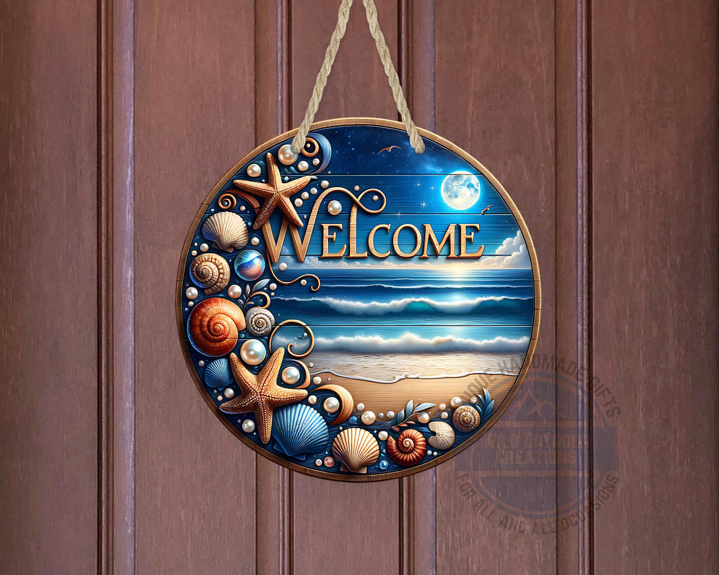Coastal Door Sign – Nighttime Ocean View | Weather-Resistant Aluminum Outdoor Welcome