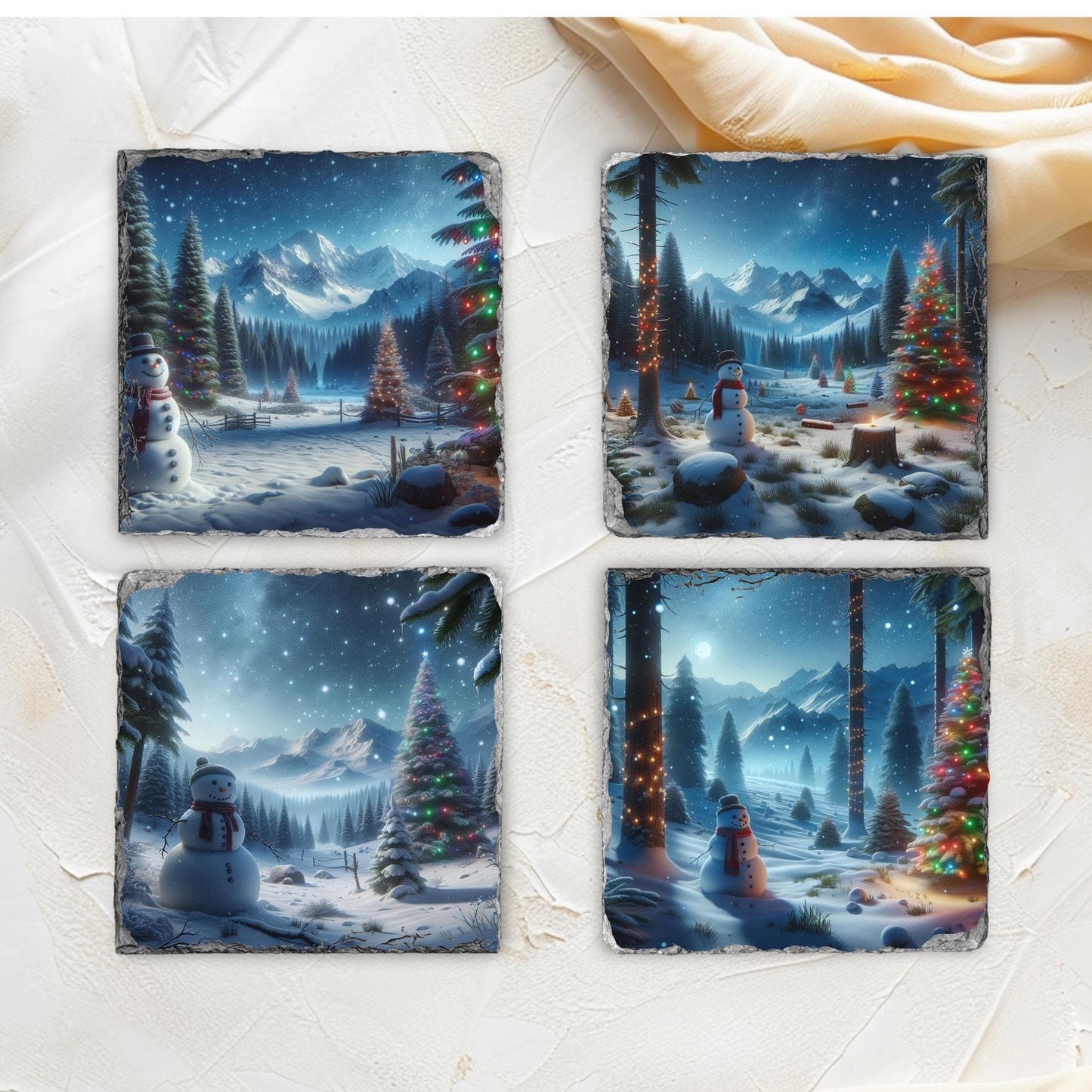 Slate Coaster Set with Festive Snowman  Mountain Scene - 4 Sublimation Coasters and Black Storage Rack for Winter Decor Gift