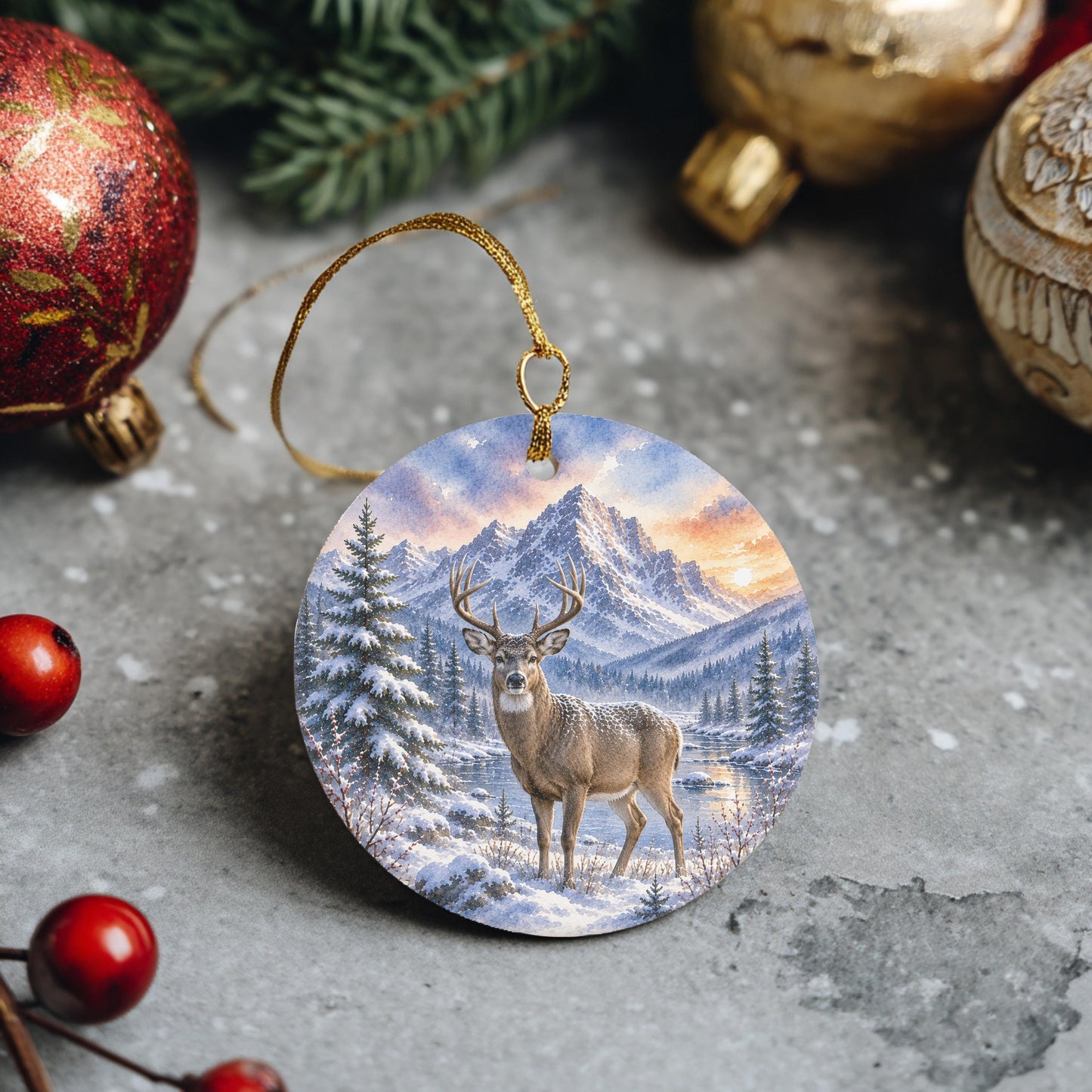 Whitetail Deer Ornament, Watercolor Mountain River Scene, Ceramic, 3 Inch