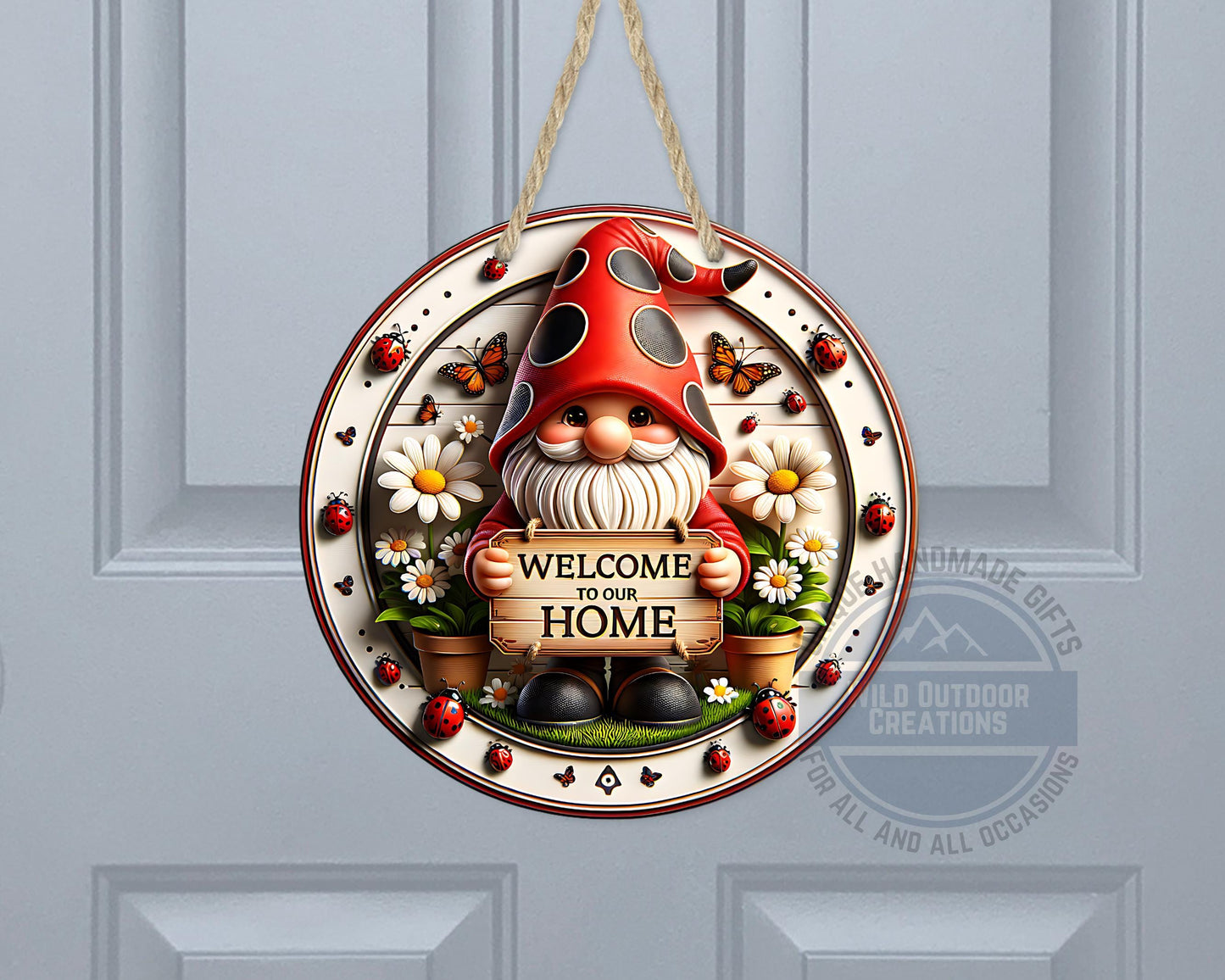Welcome Gnome Door Hanger - Red Hat Gnome with Daisy & Ladybug Accents