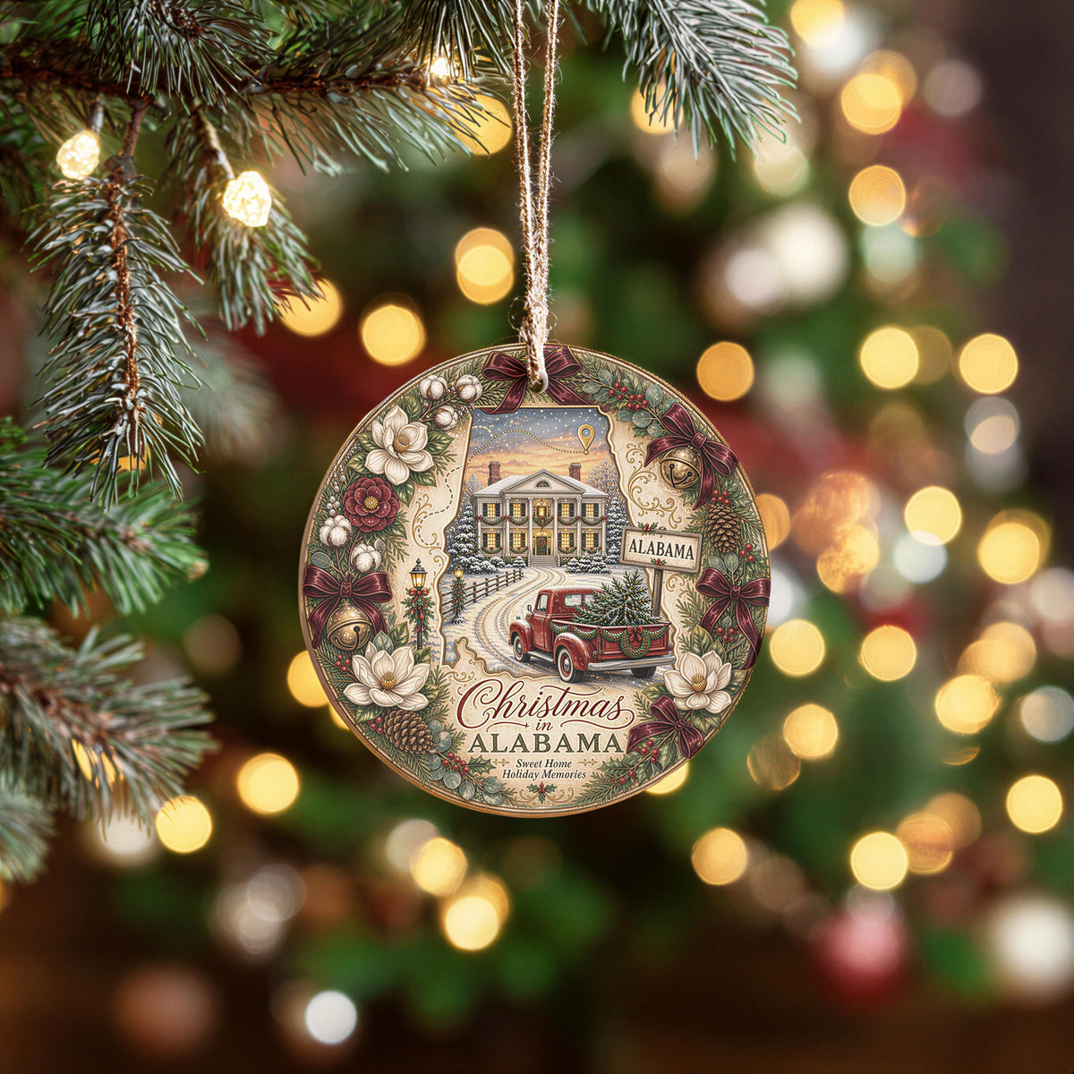 Alabama Christmas Ornament, Vintage Red Truck, Mansion Scene | Ceramic 3 Inch Double-Sided