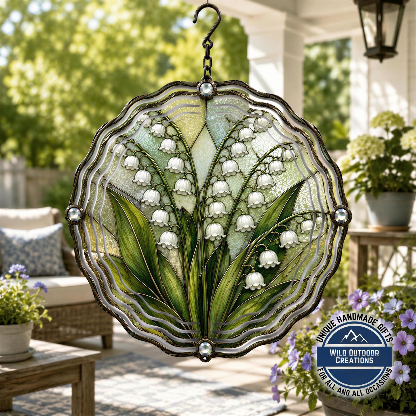 May Birth Flower Lily of the Valley Wind Spinner 10 Inch Faux Stained Glass Decor