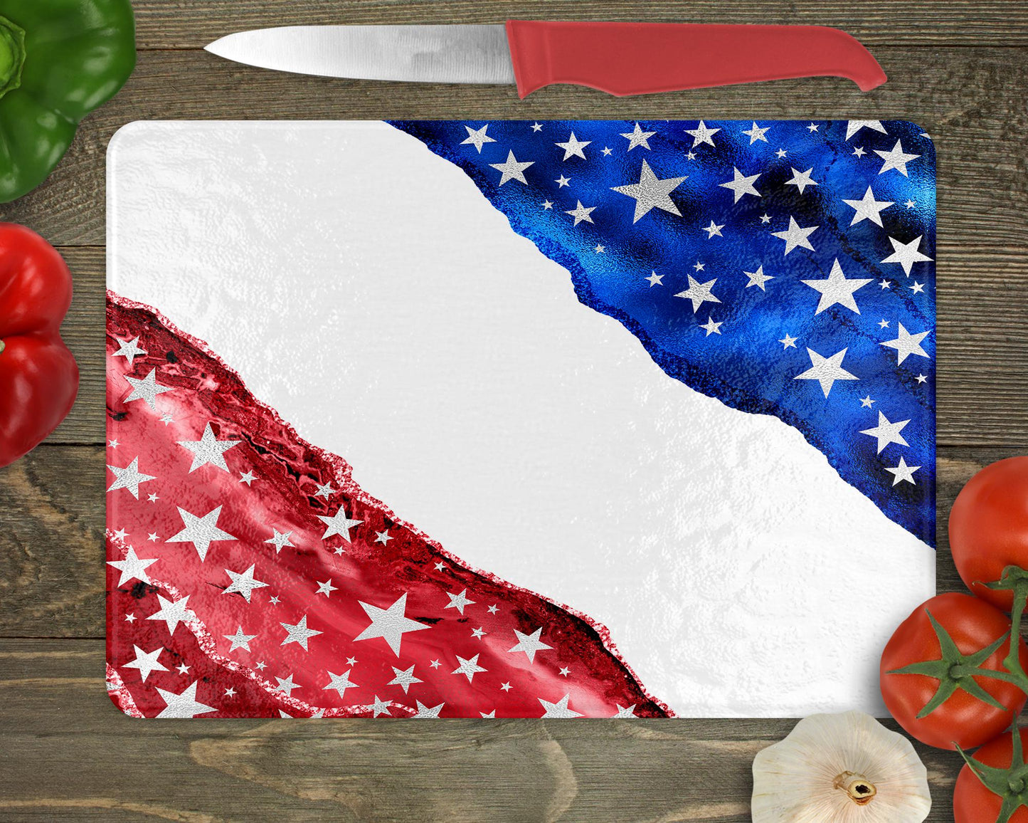 Patriotic Agate Tempered Glass Cutting Board, Red White Blue Kitchen Deco