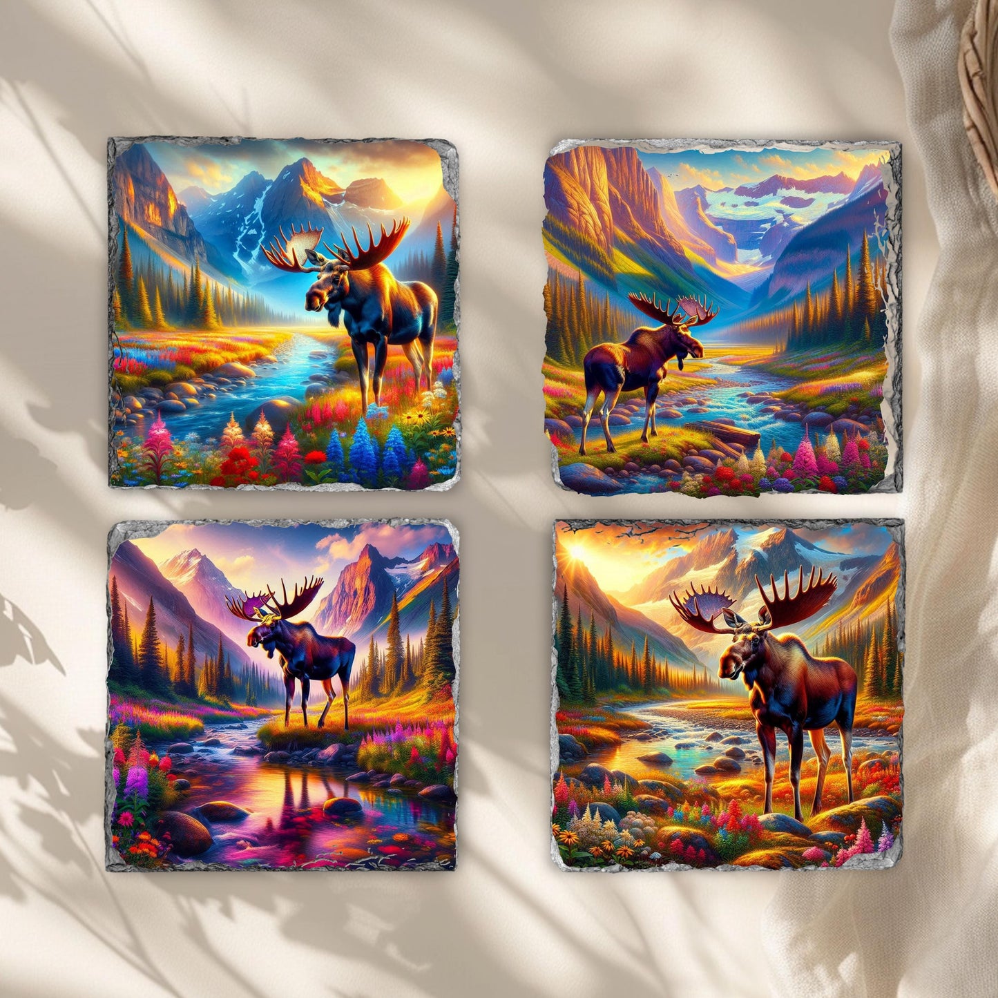 Vibrant Moose Slate Coaster Set with Wildflowers  Black Rack - Nature-Inspired Gift