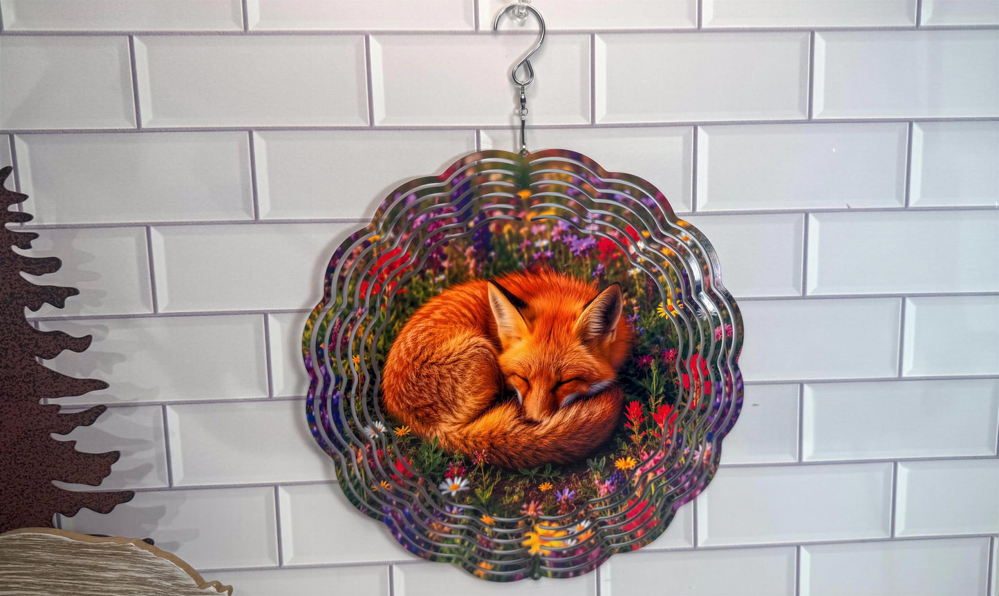Sleeping Fox, Meadow Floral Wind Spinner | 10 Inch Décor | 360 Swivel | Indoor Outdoor Art