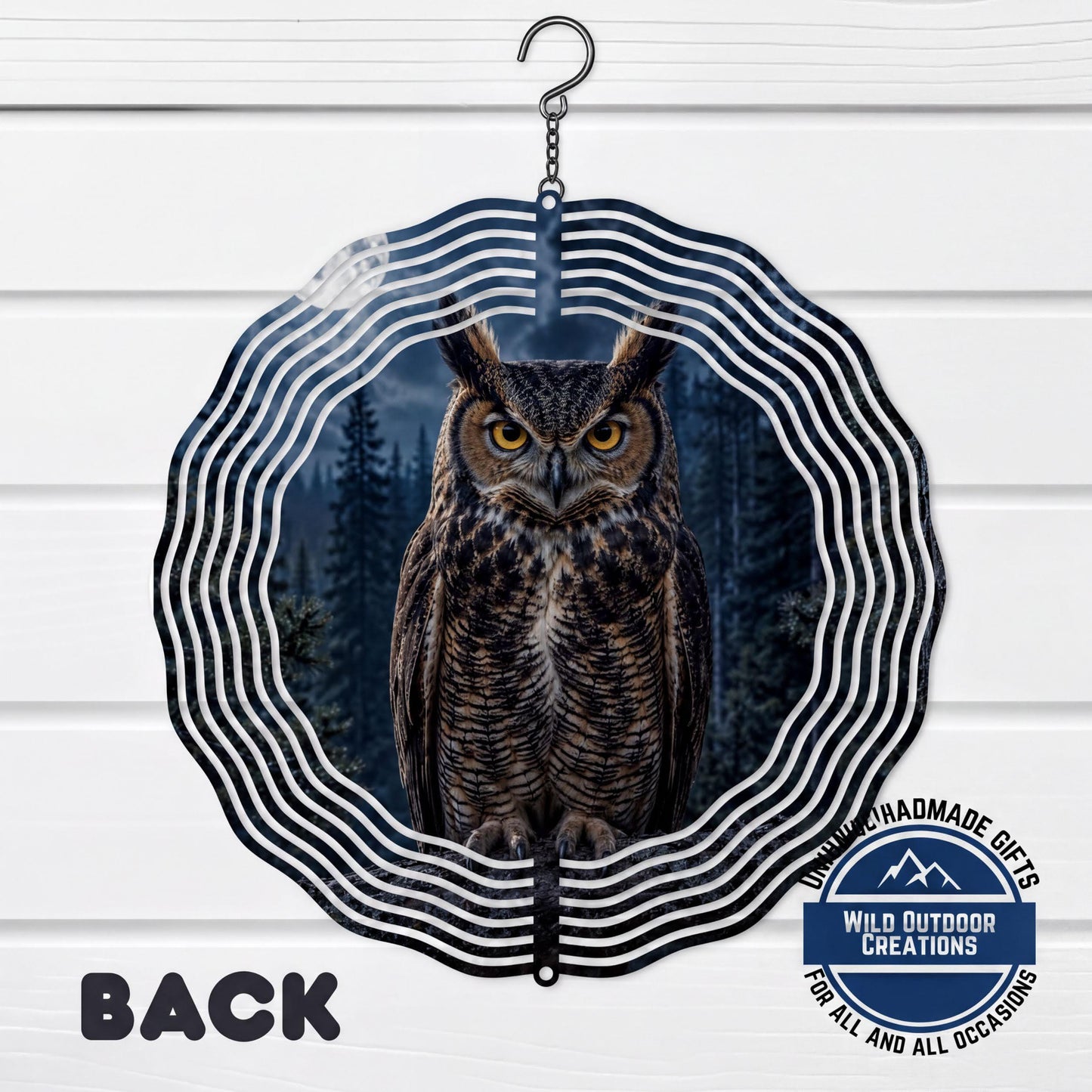Great Horned Owl Wind Spinner 10 Inch Metal Garden Decor Moonlit Forest Yard Art