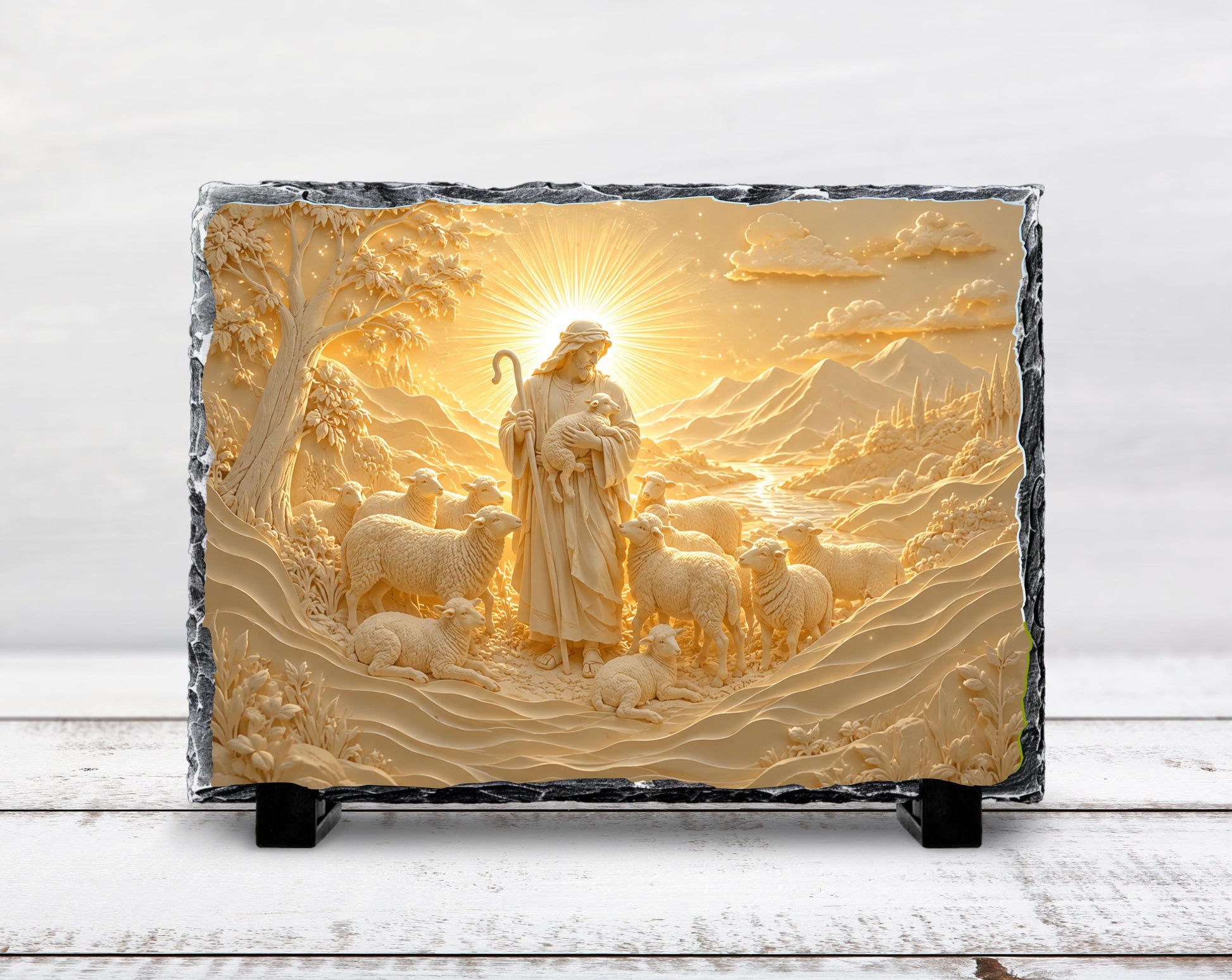 The image is a stone carving depicting a shepherd tending to his flock of sheep, with a sunlit landscape in the background.