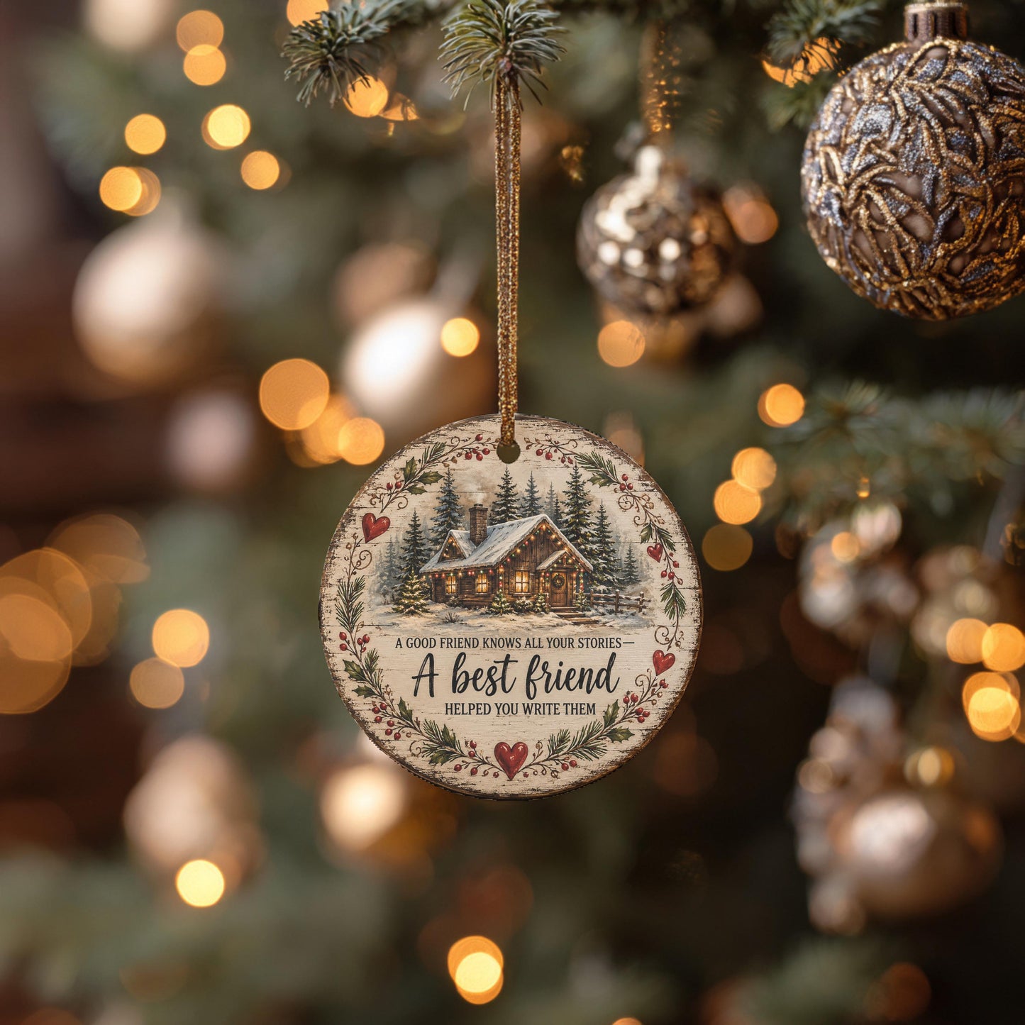 A wooden ornament hanging from a Christmas tree, featuring a house and a quote about the importance of friends.