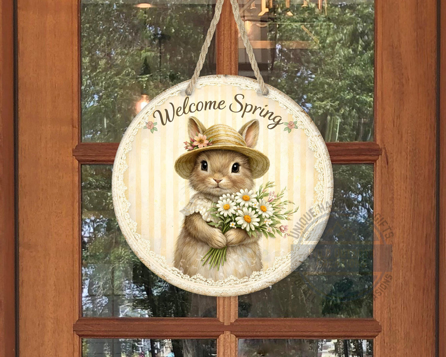 Spring Bunny Door Hanger – Floral Rabbit Wreath with Daisy Bouquet Sign