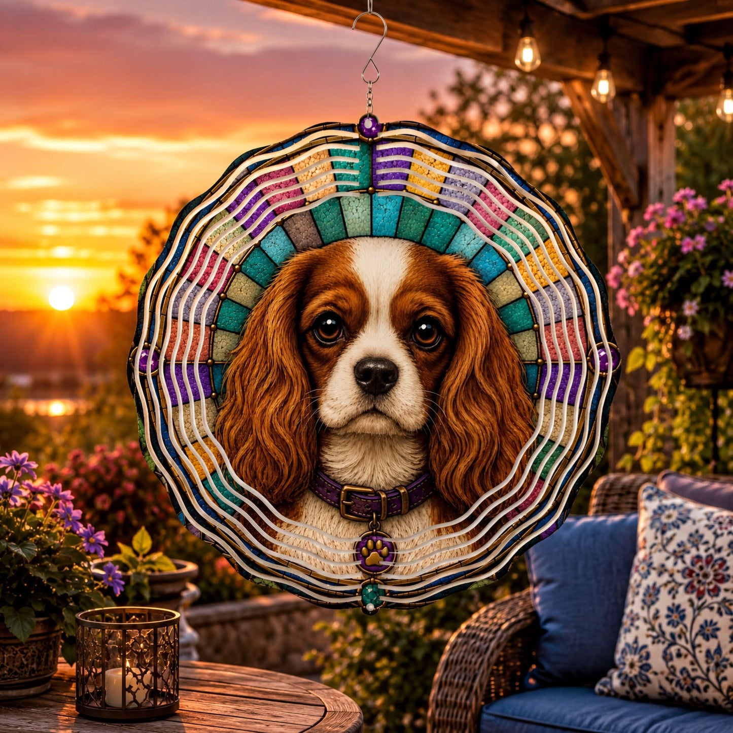 Cavalier King Charles Spaniel Wind Spinner Faux Stained Glass Dog Garden Decor Gift