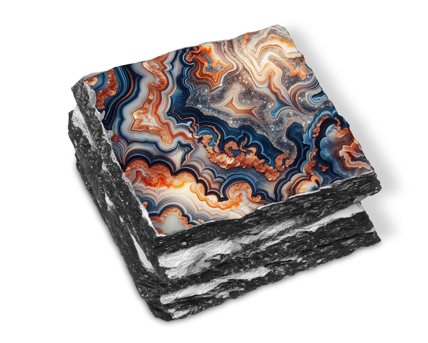 Blue Orange Silver Glitter Agate Coaster Set of 4 - Fractured Edge Boho Drinkware for Housewarming Gifts