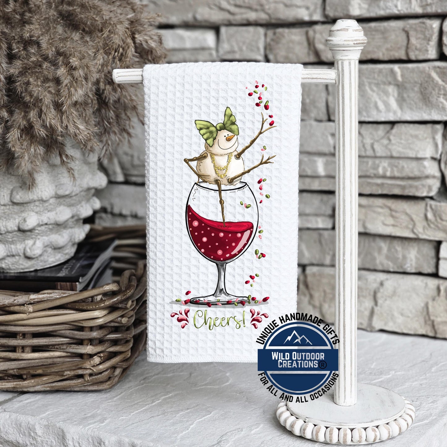 Snowman Wine Glass Kitchen Towel Cheers Funny Christmas Waffle Weave Holiday Decor Gift