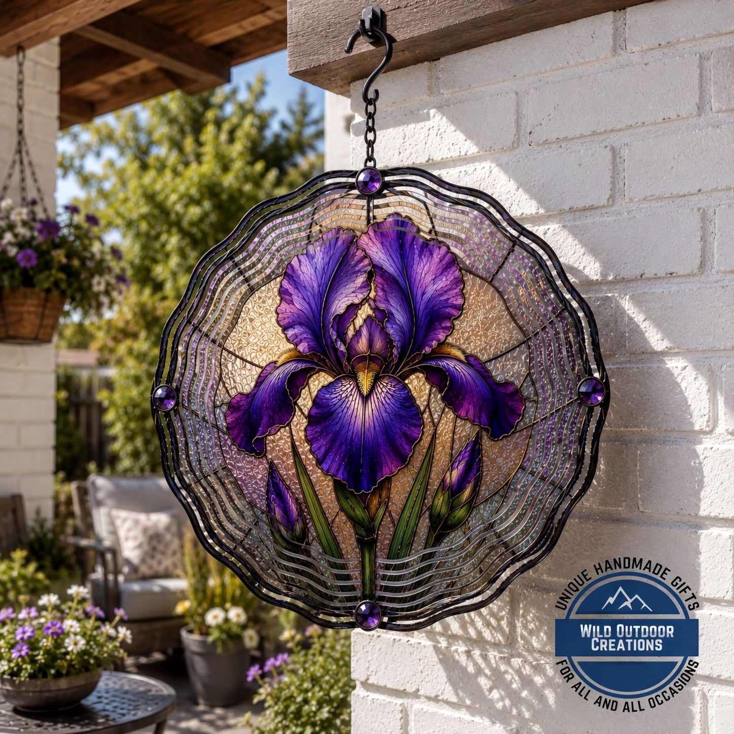 February Birth Flower Iris Wind Spinner 10 Inch Faux Stained Glass Metal Garden Decor
