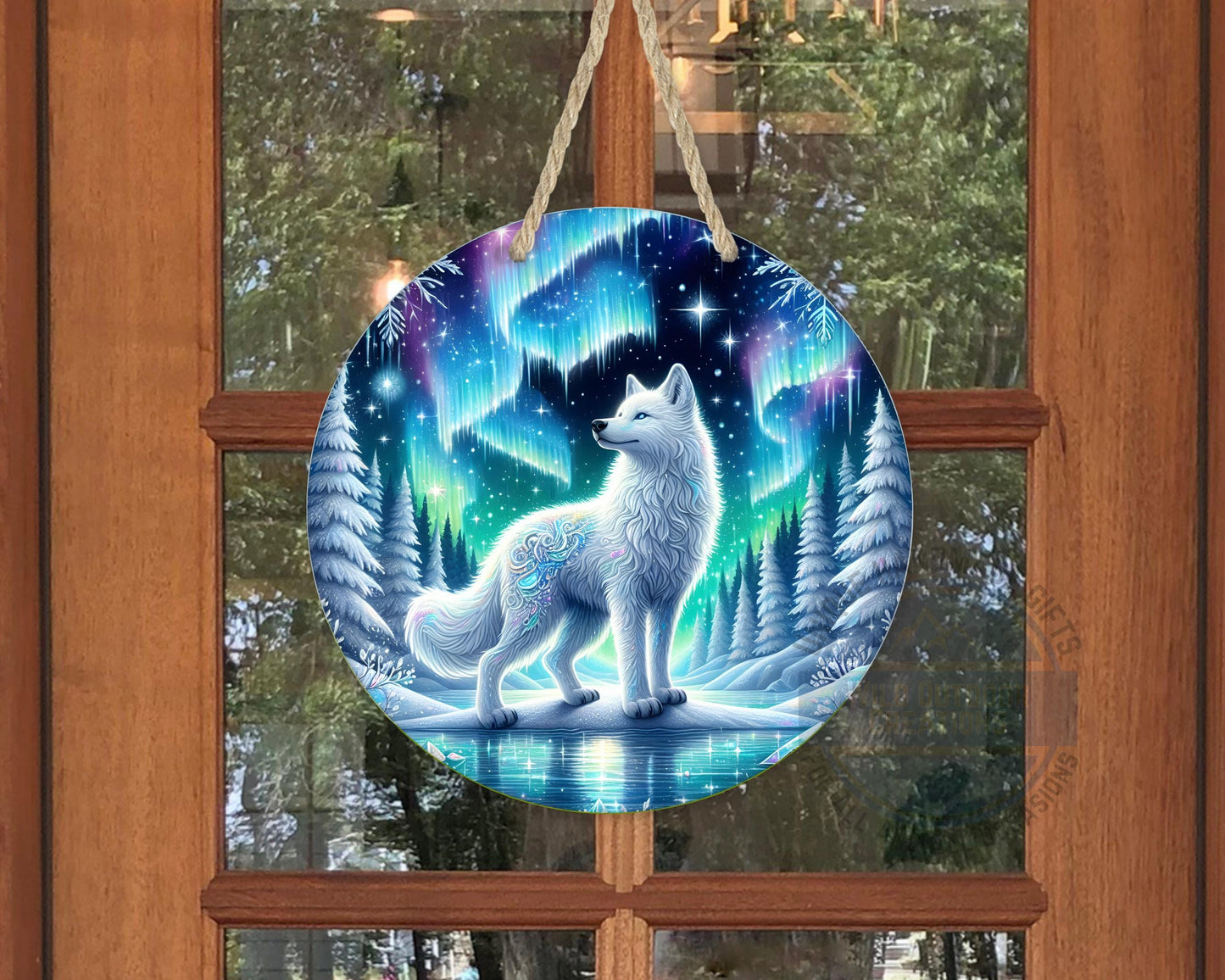 Wolf Door Hanger - Northern Lights Art | Rustic Cabin Sign, Outdoor Decor