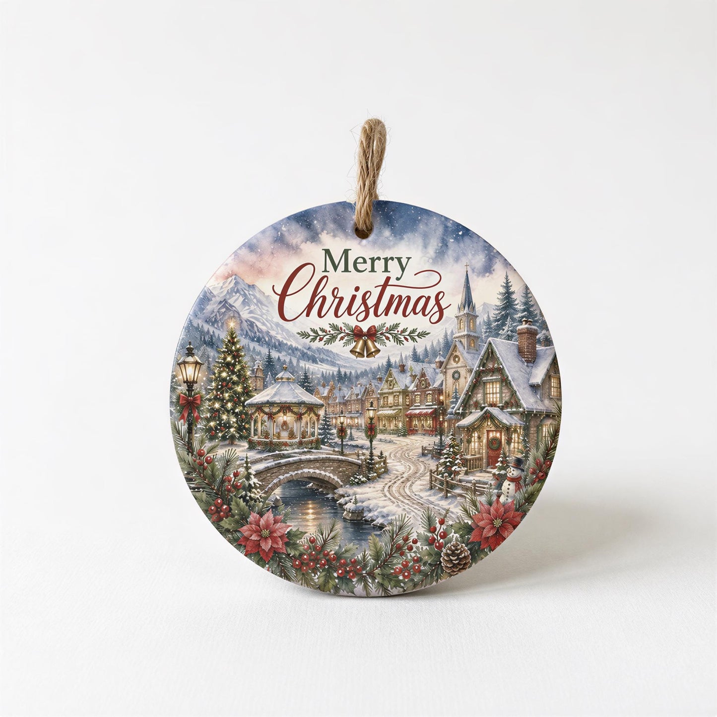 Ceramic Christmas Ornament, Snowy Church Village Scene, 3 Inch Round