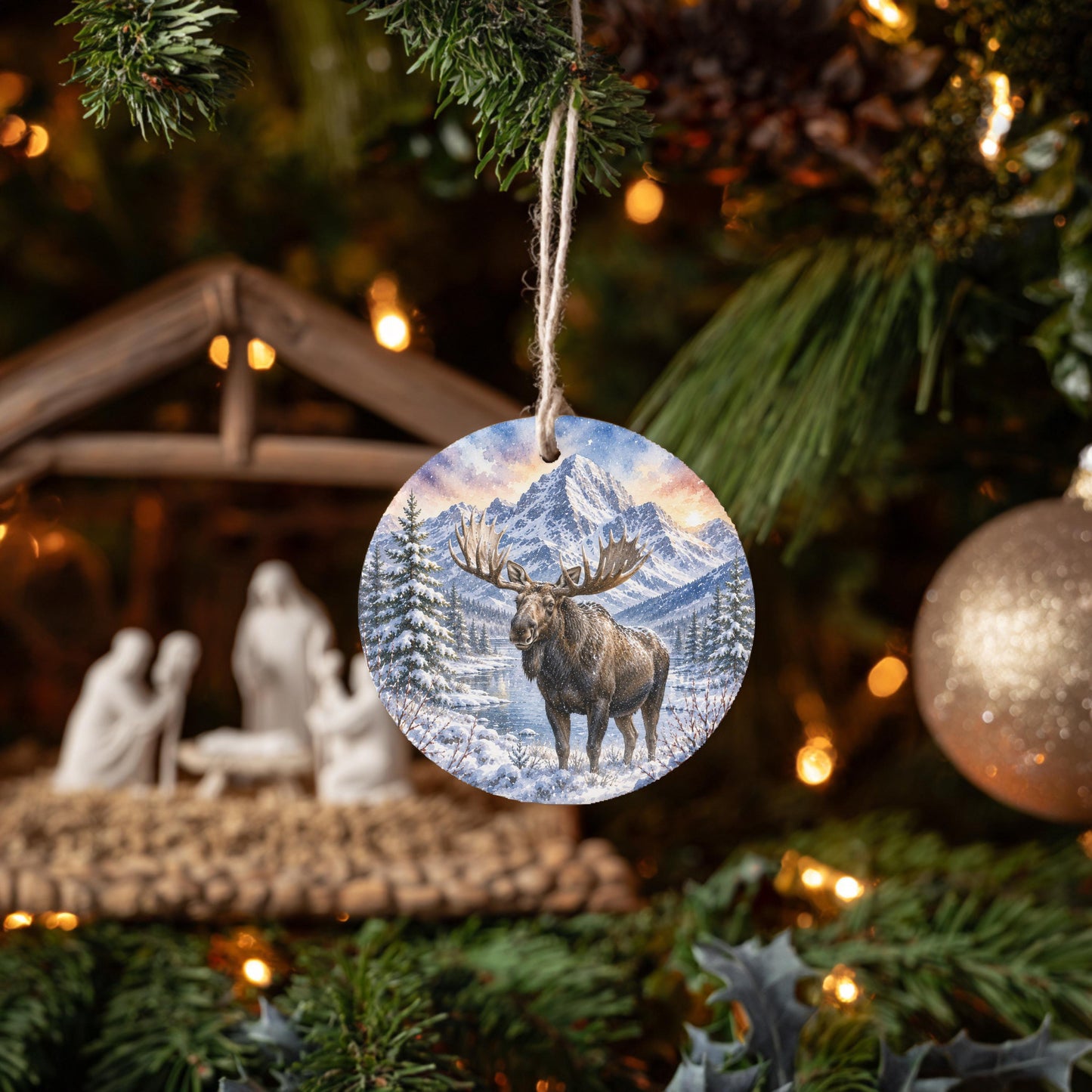 A Christmas tree decorated with ornaments, including a circular ornament featuring a moose in a snowy landscape.