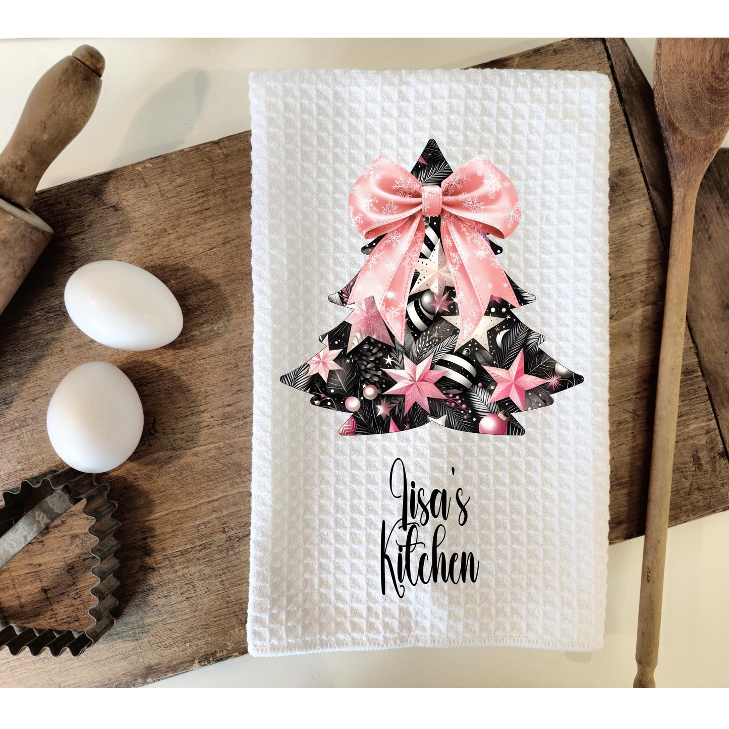 Personalized Christmas Tree Kitchen Towel  Waffle Weave Holiday Decor
