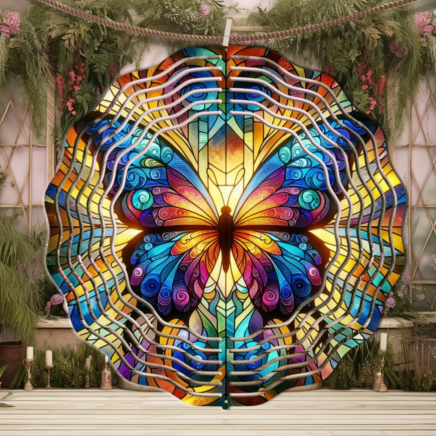 Butterfly Wind Spinner with Vibrant Stained Glass Effect - UV Protected Garden Decor