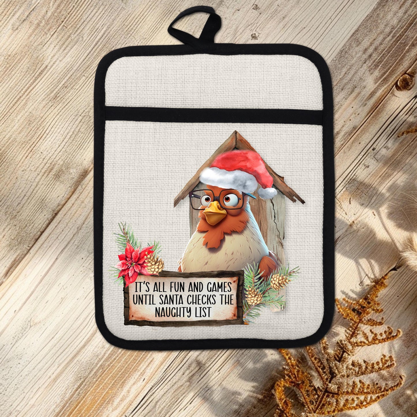 Funny Chicken Christmas Pot Holder with Naughty List Quote  Santa Hat - Rustic Linen Hot Pad for Festive Kitchen Decor