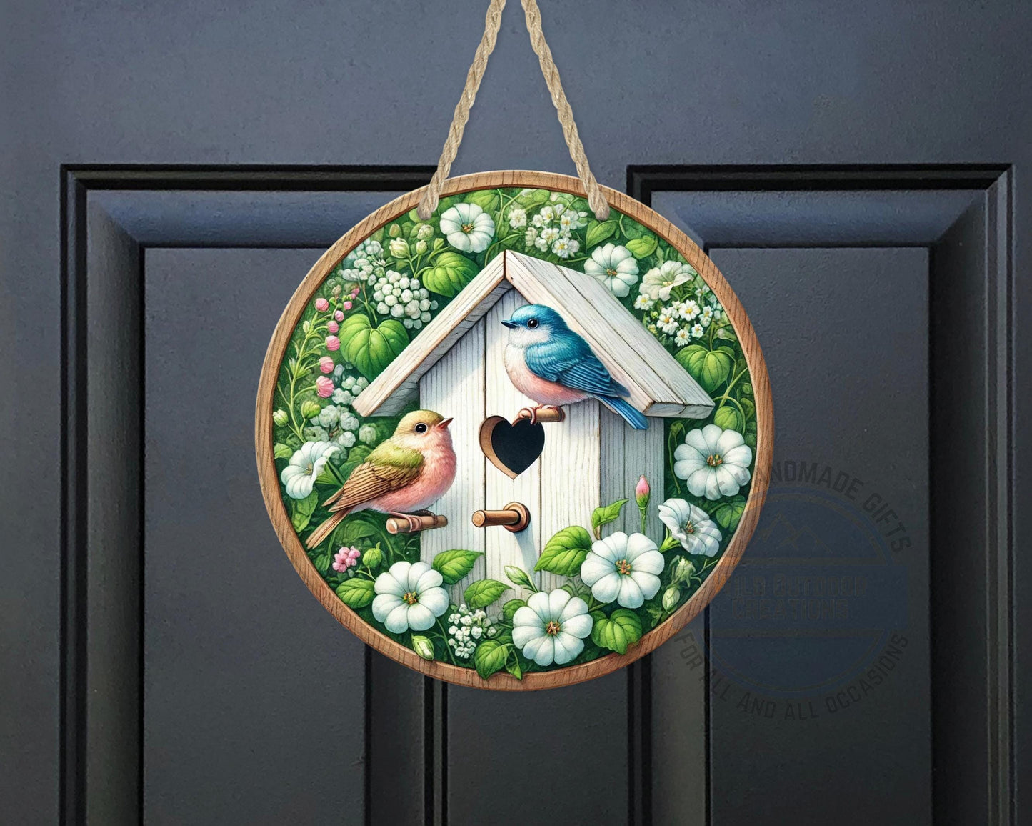 Birdhouse Door Hanger – Spring Door Decor with Songbird Porch Welcome Sign