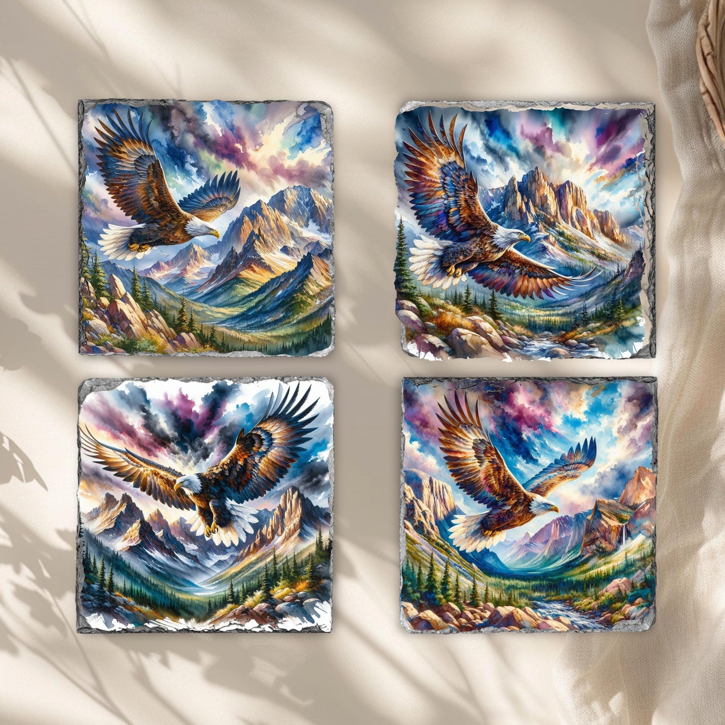 Eagle and Mountain Watercolor Slate Coaster Set with Fractured Edges  Perfect Rustic Gift for Wilderness Enthusiasts