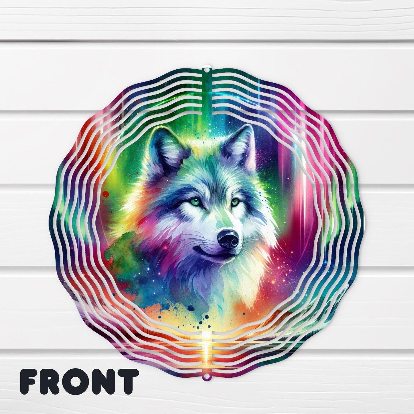 Wolf Sunset Wind Spinner - Double-Sided 10x10 Watercolor Art with Northern Lights and Mountain Lake Design