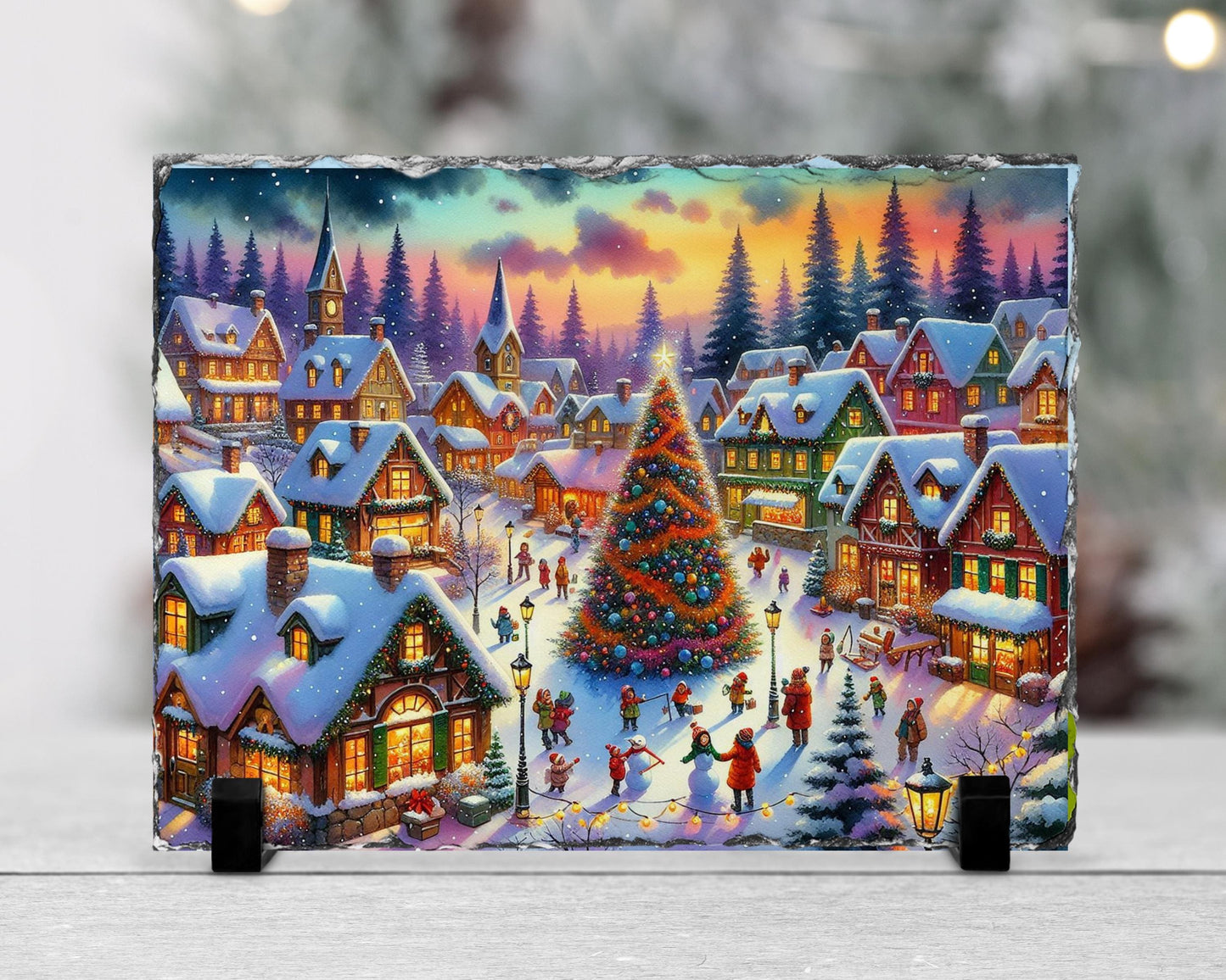 Vintage Christmas Village Slate with Winter Scene and Tree Children  Rustic Holiday Gift