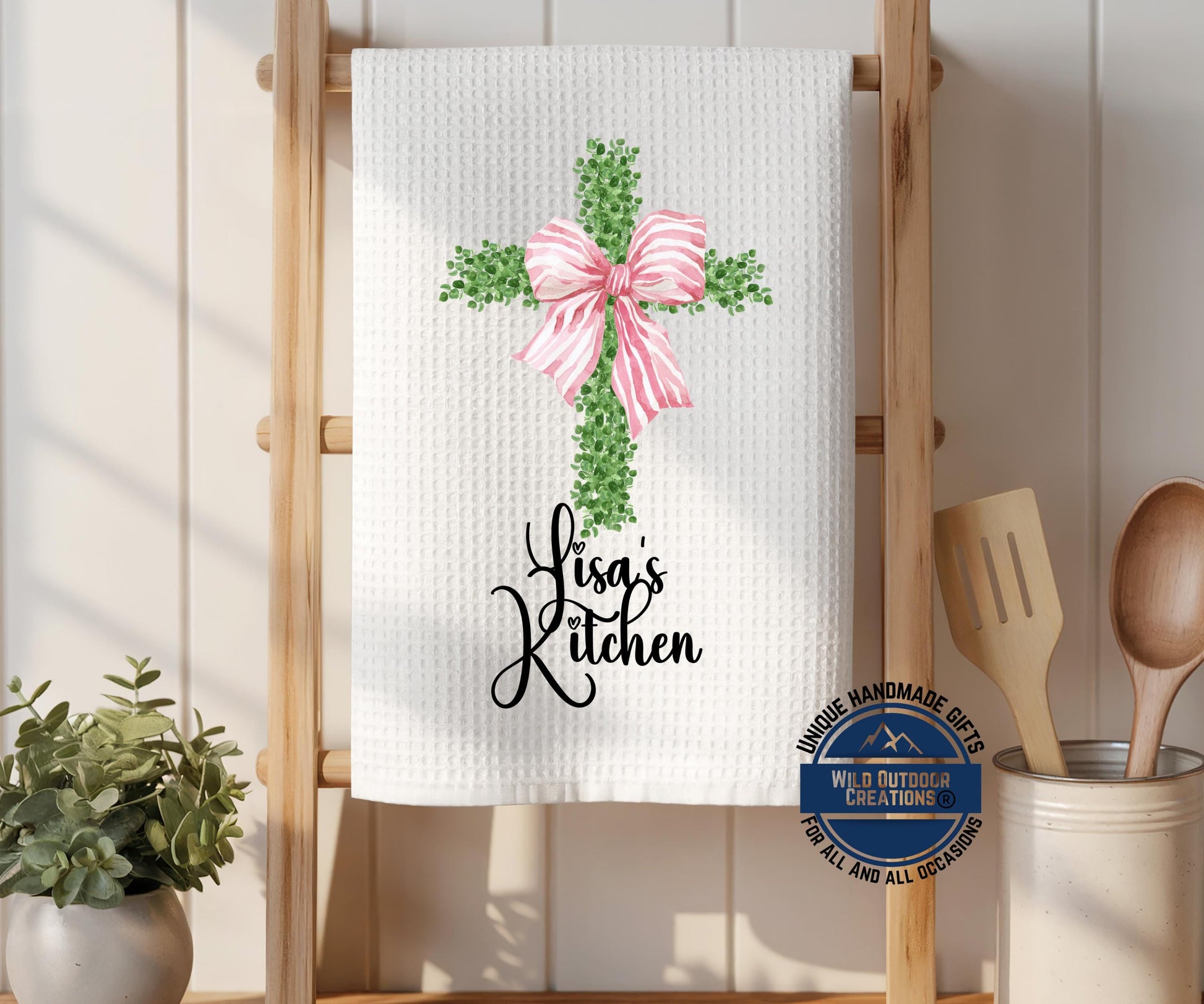 Personalized Kitchen Towel - Custom Name Cross Design with Pink Bow | Easter Gift - additional product photo 15