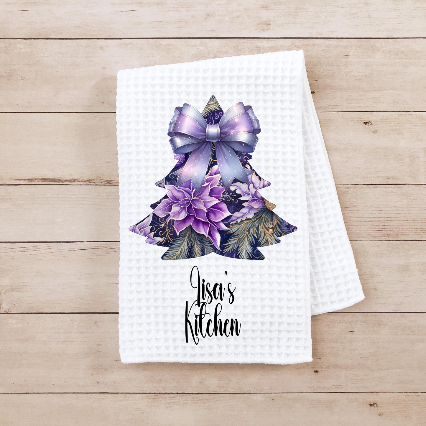 Personalized Purple Christmas Tree Kitchen Towel - Waffle Weave Holiday Decor