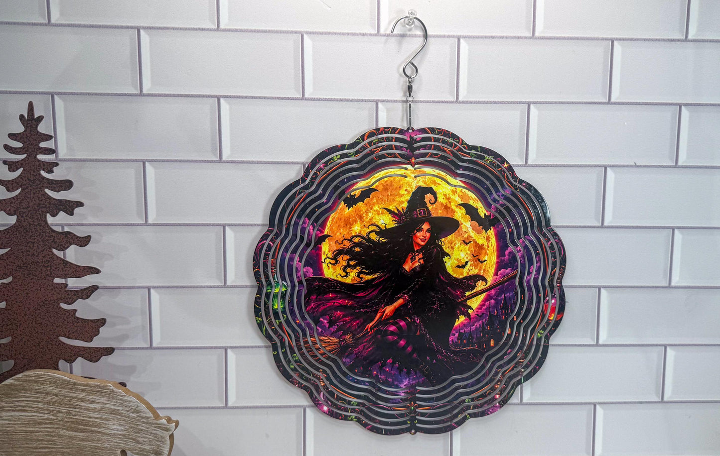 Witch Wind Spinner | Halloween Porch Decor - 10 Inch Swivel Display, Indoor Outdoor Accent