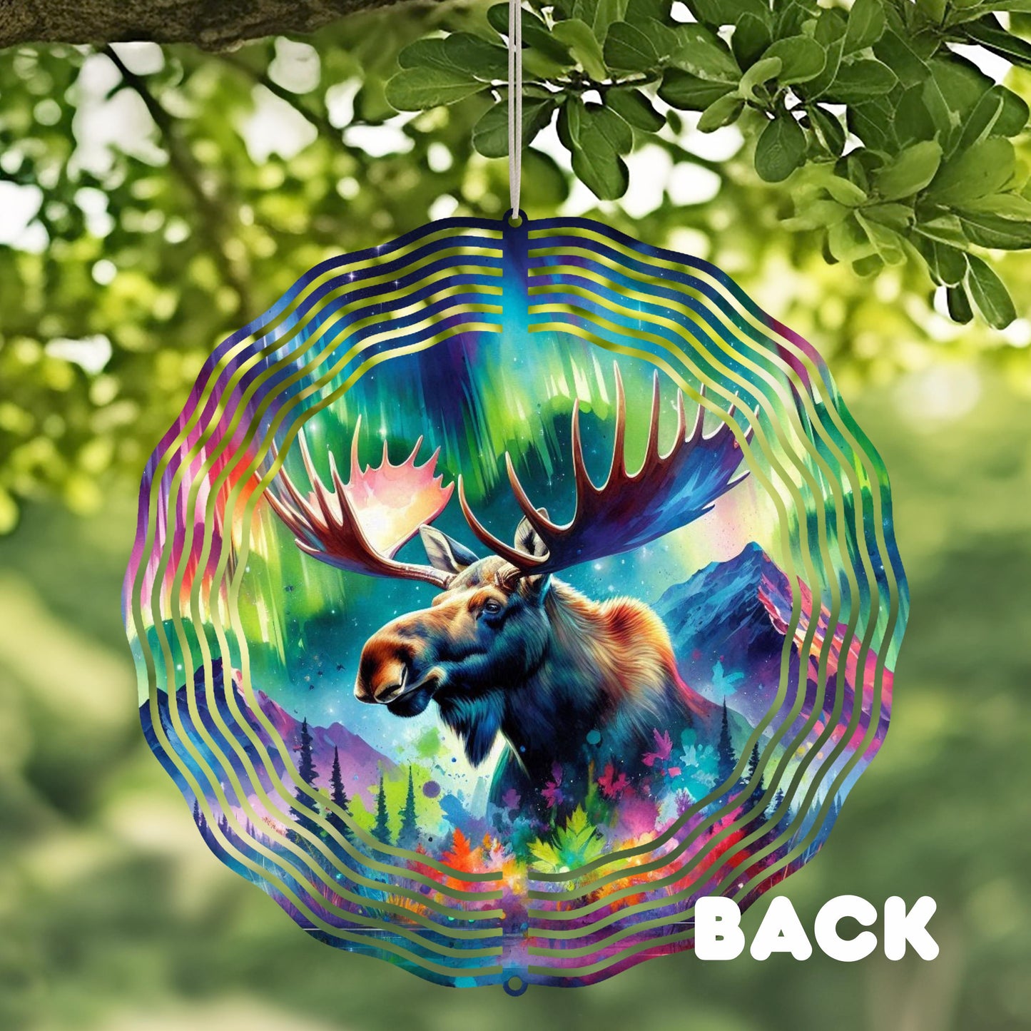 Double-Sided Moose Head Wind Spinner - 10x10 Watercolor Forest  Northern Lights Art