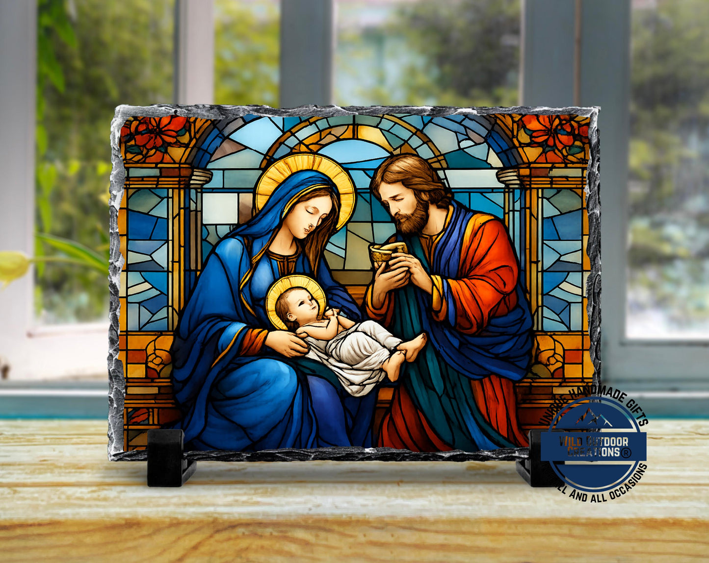 Holy Family Faux Stained Glass Slate Plaque, Mary Joseph Baby Jesus Religious Gift